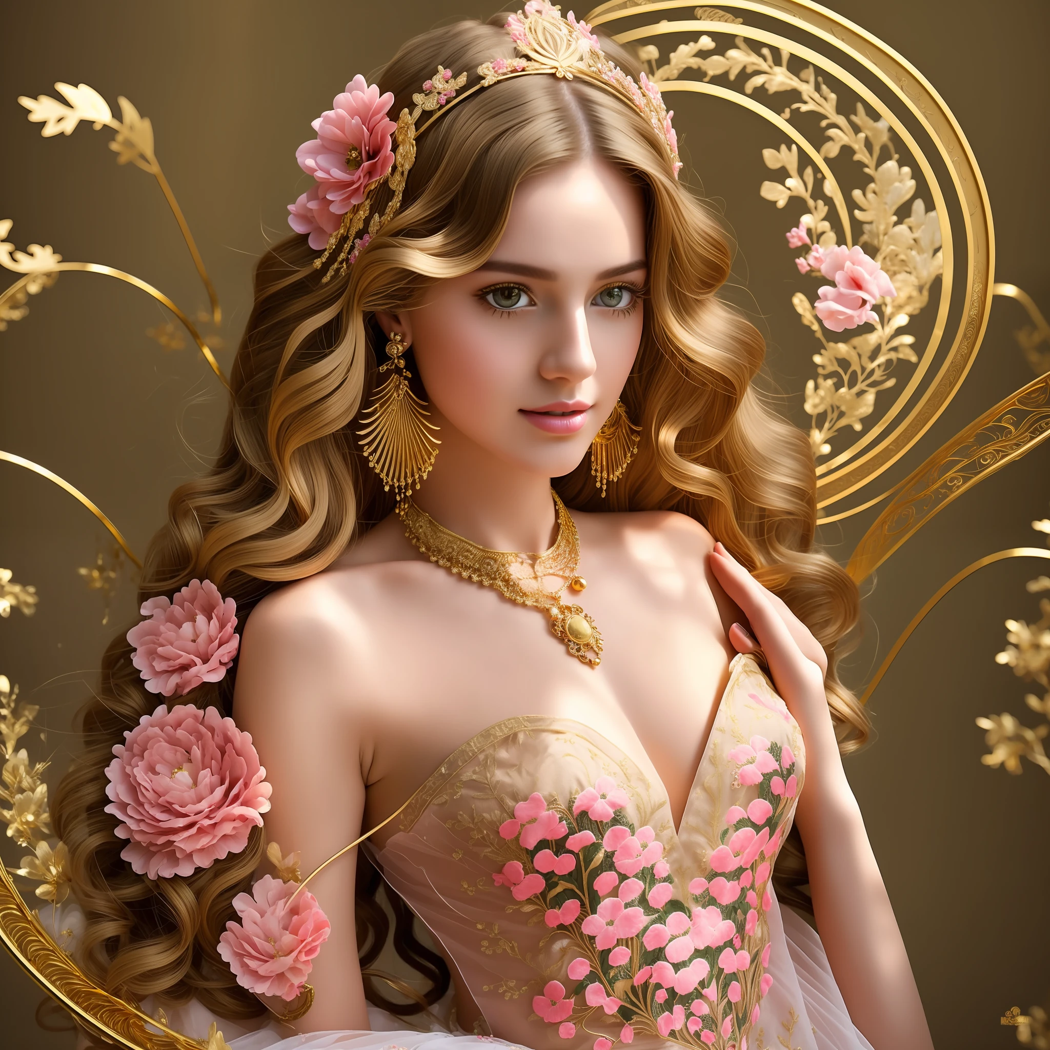 (masterpiece:1.4), (best quality:1.4), realistic, 1gril, solo, ((Gold wavy hair)), flowers crown, very long hair, bright stunning eyes, collarbone, upper body, slim body, shiny skin, detailed face, natural make up, Pink lips, parted lips, upper teeth, cleavage, small breasts, (cute embroidered top, pleated skirt), red nails, necklace, earrings, looking at viewer, professional light, sunny, glowing, nature in background --auto --s2