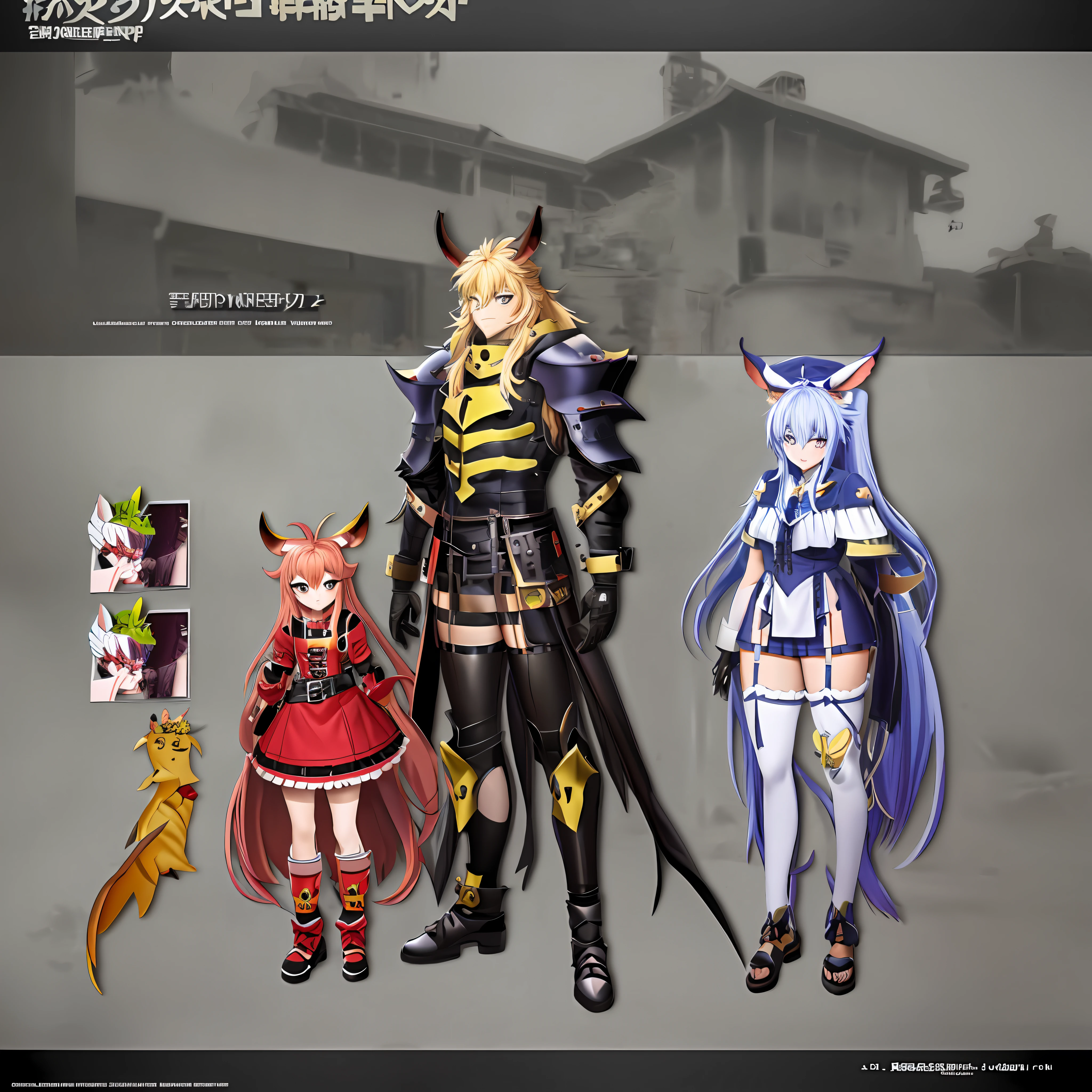 anime characters dressed in costumes and armor standing next to each other, concept art by Kamagurka, pixiv contest winner, furry art, commission for high res, sfw version, guilty gear art style, wip, commission for, danbooru and artstation, tauren, full res, jazza and rossdraws, demon slayer artstyle, detailed fanart