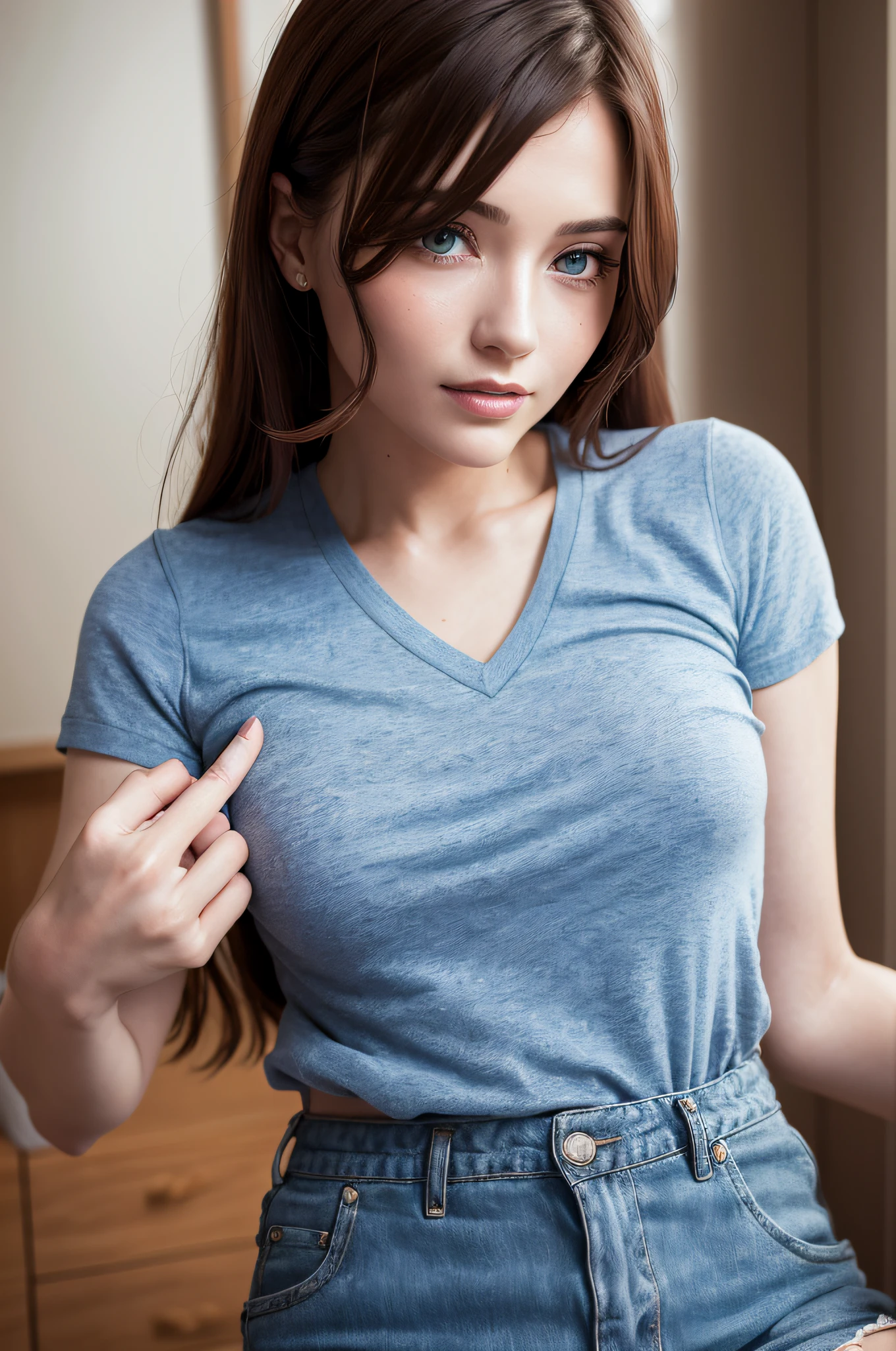 High quality fingers, normal hands, detailed fingers, masterpiece, (realistic, photorealistic: 1.37), (22 years old woman), medium breasts, small waist, dark red hair, blue eyes, beautiful face, perfect lighting, beautiful detailed eyes, looking at the audience, amazing beautiful woman, detailed hairstyle, detailed background, shorts, detailed fantasy background, (sweat: 1) a couple hugging each other