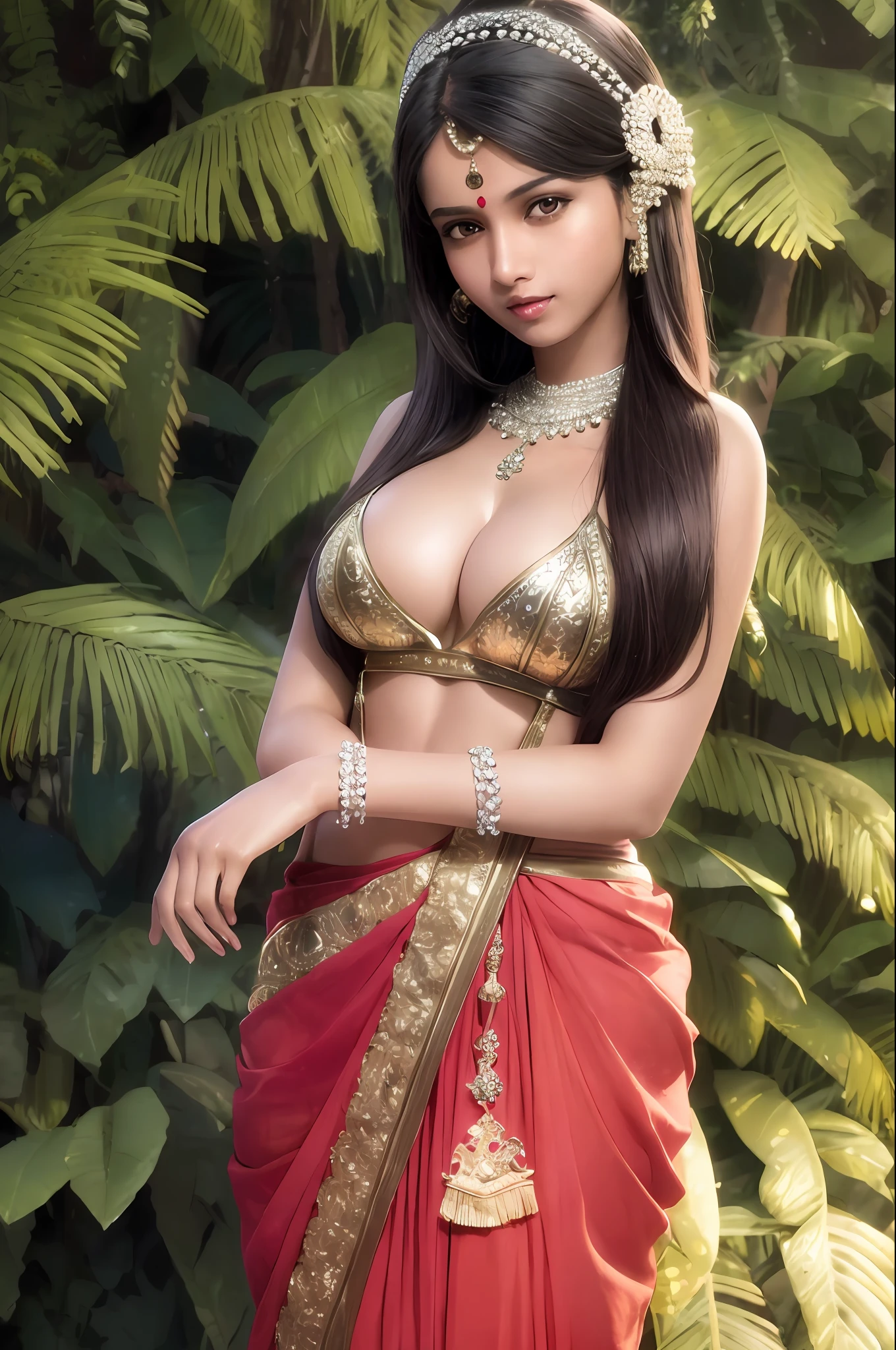 1 Indian girl, solo, (shiny skin:1.2), highly detailed, ultra-detailed, ultra high res, (photorealistic:1.4), (best quality), (best shadow),detailed, perfect lighting, dark hair, long hair, (large breasts:1.3),(abs:0.5), dress