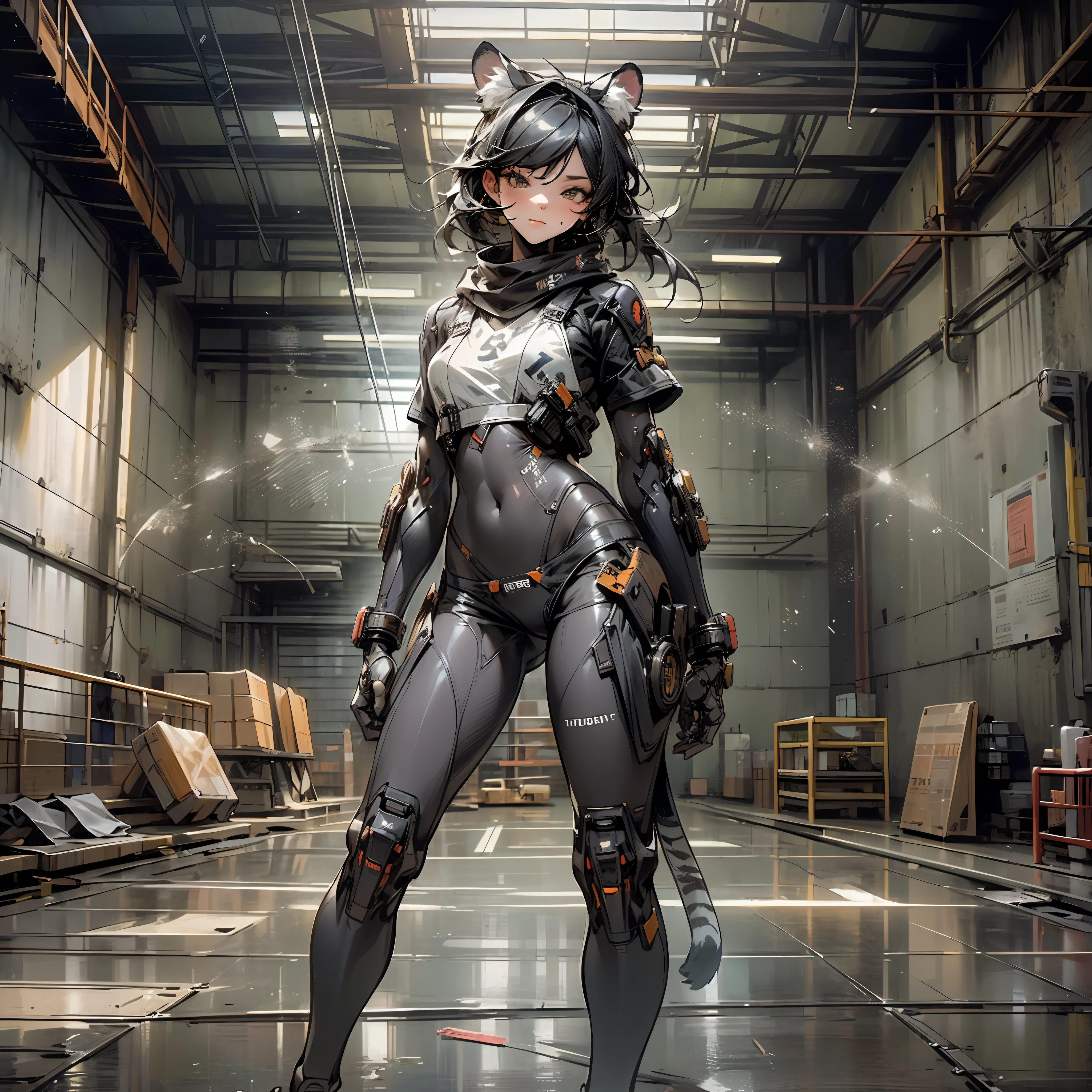 ((best quality)), ((ultradetailed)), ((masterpiece)), photography, scene: spacious abandoned warehouse, theme: anthropomorphic animal mafia, character: Woman detailed human face, tiger, appearance: wearing transparent bikini, other elements of the scene: training targets behind the character, perspective: realistic style, resolution: 4K. --auto --s2