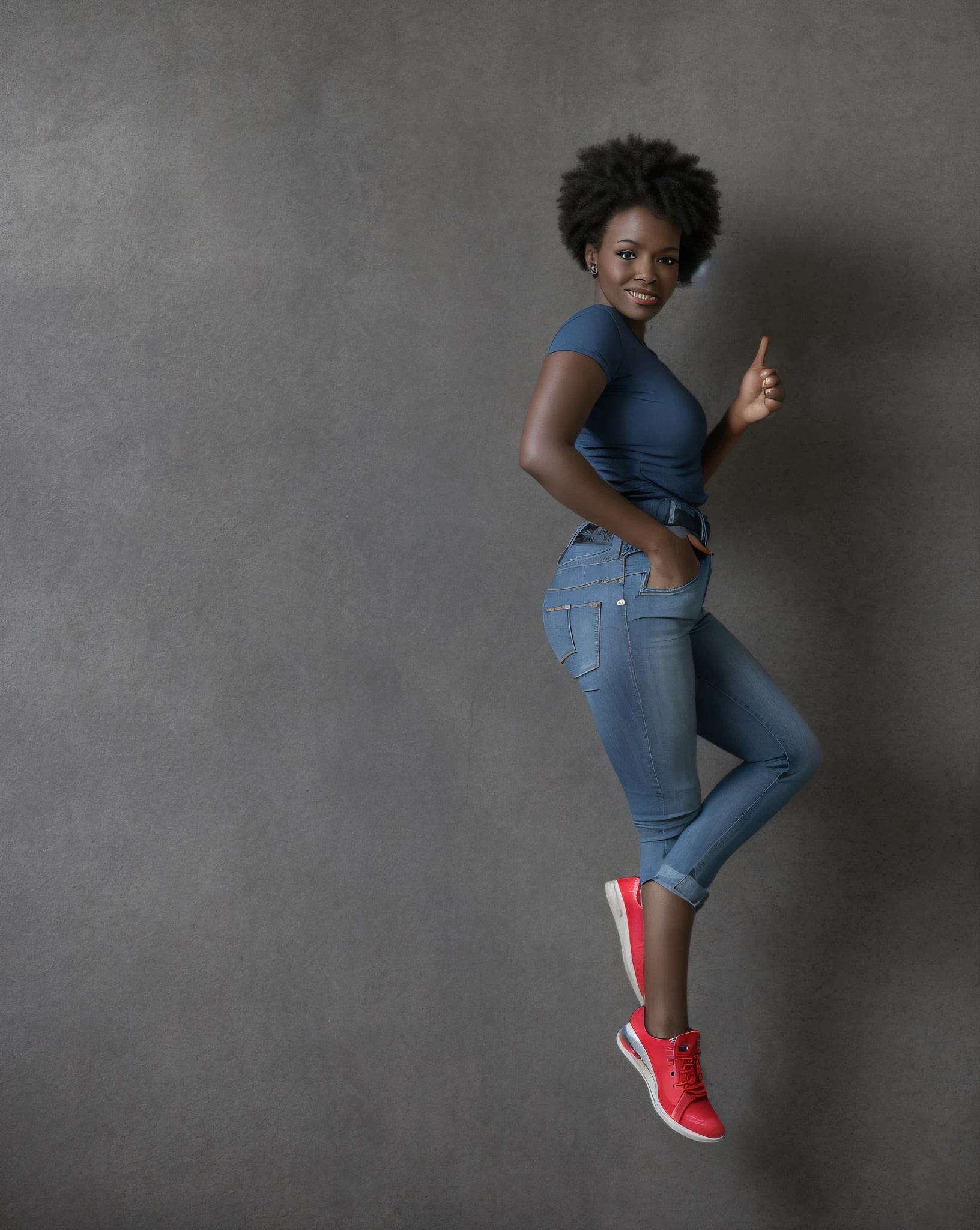 closeup portrait, a professional photo, front lit natural lighting, upper body, facing viewer, mouth open, beautiful thin curvy black woman wearing  denim Jeans, african young woman,  blue fitted T-shirt, very attractive, standing straight up, transparent background, right hand in pocket, left hand thumbs up, very pretty vivid colors
