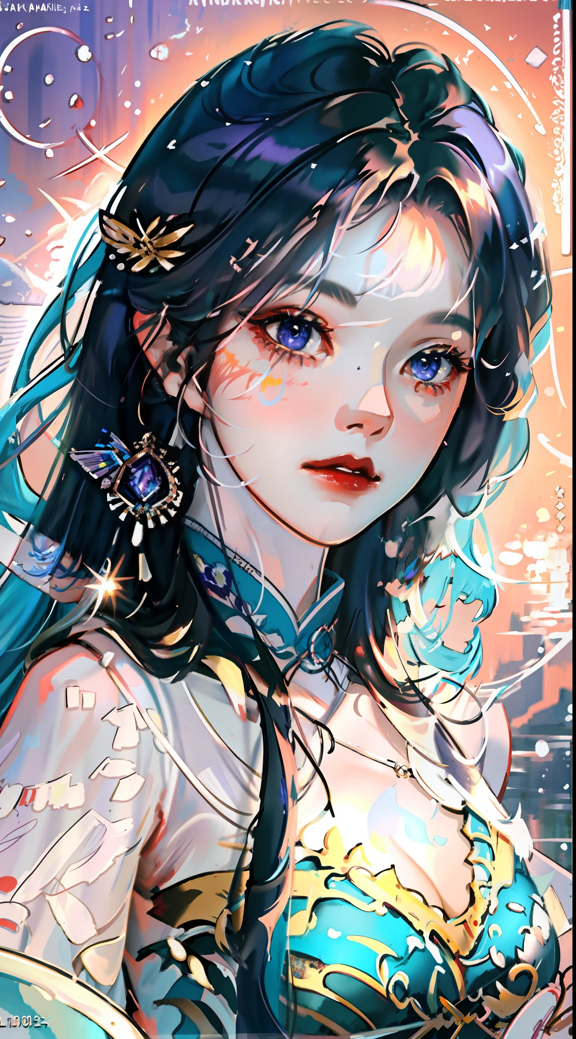 Colorful beautiful girl: an 18 year old girl, messy hair, oil painting, perfect face, soft skin perfect face, blue-yellow, light purple and violet addition, light red addition, intricate details, splash screen, 8k resolution, masterpiece, cute face, artstation digital painting smooth very black ink flow: 8k resolution realistic masterpiece: intricate fluid gouache: by Jean Baptiste Mongue: Calligraphy: Acrylic: Watercolor Art, Professional Photography, Natural Daylighting, Volumetric Lighting Minimalist Photography Illustration: by Marton Bobzert: , Complex, elegant, expansive, dreamy, wavy hair, full of energy