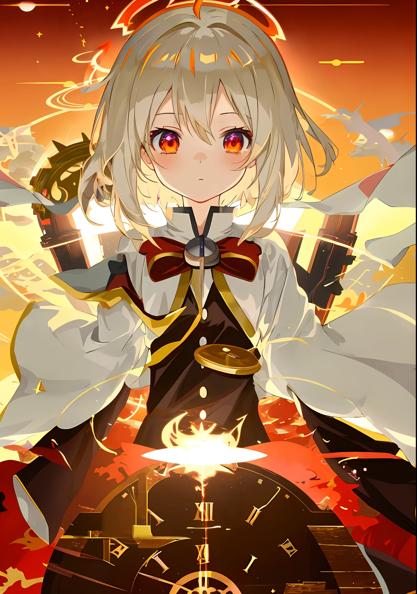 anime girl with a clock and a halo on her head, half invoker half megumin, cleric, mechanized witch girl, holy flame crown spell, character art of maple story, splash art anime loli, alchemist girl, holy flame spell, little girl with magical powers, female mage conjuring a spell, best anime 4k konachan wallpaper
