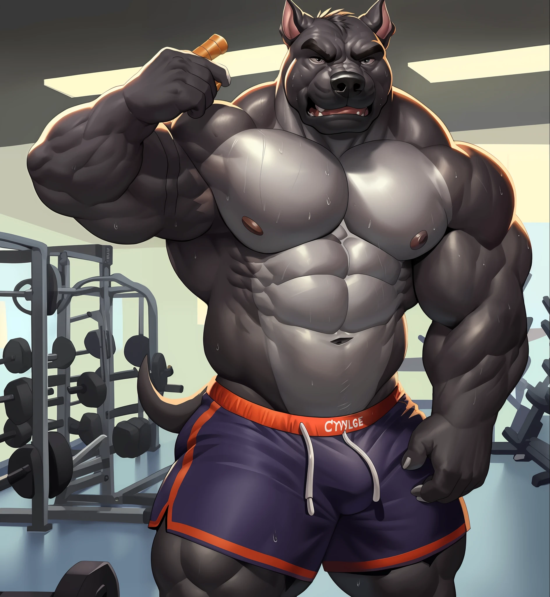 solo, anthro (cane Corso, pit Bull), full ears, brown and gray skin, detailed eyes, Gym: 1.6, sweat, heavy breathing: 1.5, correct anatomy, biceps, (muscular) veins through the body little volume of the private parts (colorful shorts, Gym background, 8k hd, dark shadows