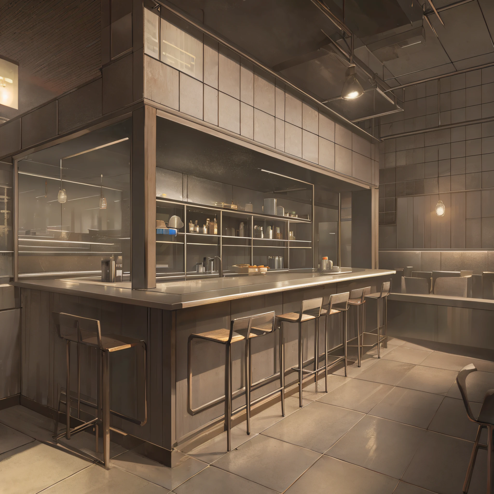 Hyperrealistic full bar environment scene, set in the year 1937, no people in the scene, only architecture of the time