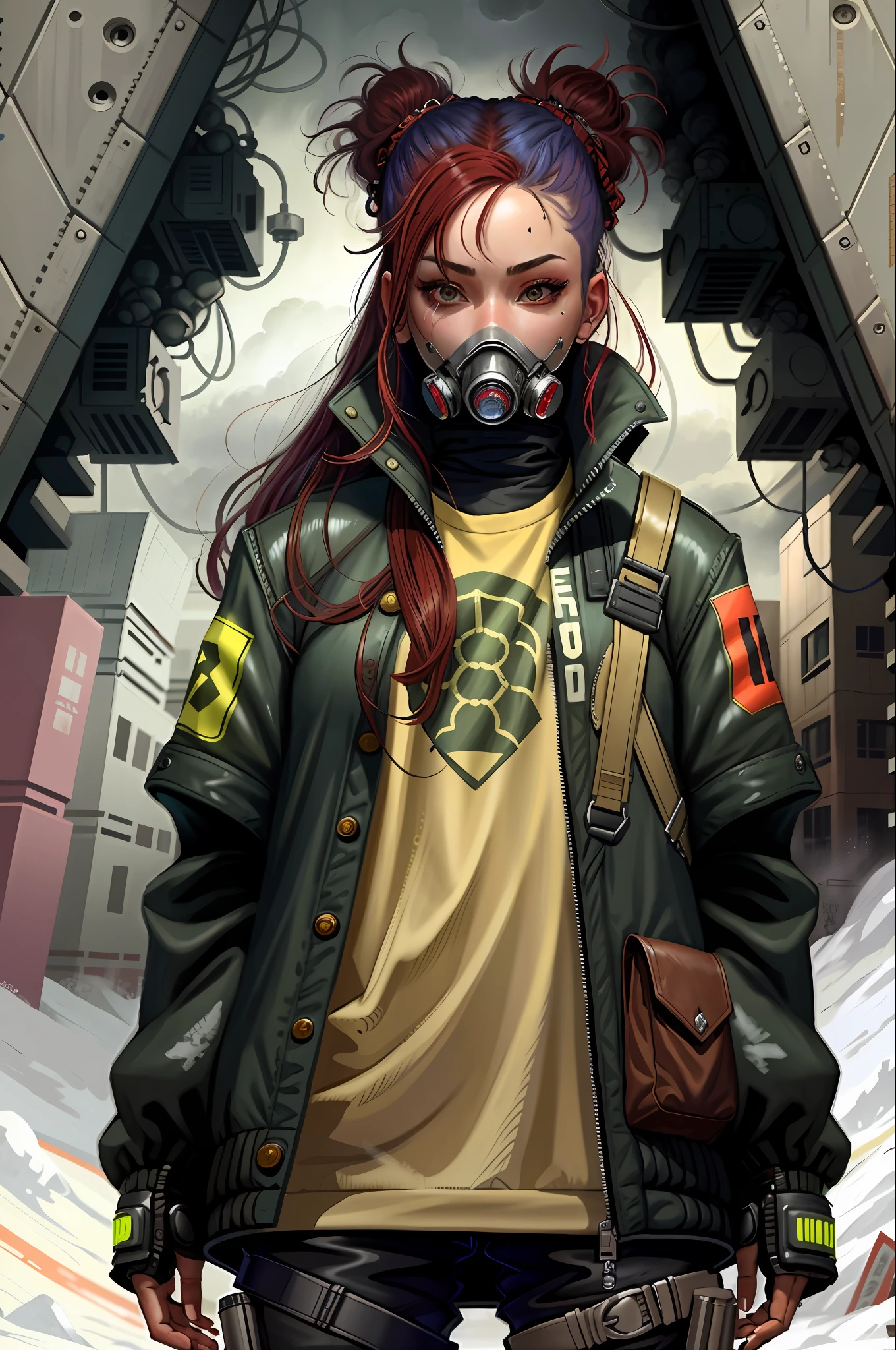 A highly detailed portrait of a solo girl,(Ultra detailed), (masterpiece), (best quality), profile, (very detailed CG unit 8k wallpaper), ((a sci-fi soldier)) with hazmat suit, ((gas mask)), in a radioactive city, holding an assault rifle, dynamic pose, (((upper body)))), dim light, soft light, concept art, dimly lit, sci-fi accessories, cinematic, highly detailed, stylized wallpaper voluminous military style jacket, very cold, cold hair, layers of black and red blue clothes, bulky clothes, futuristic clothes, long-haired pants, inspired by Adrienn Henczné Deáki, pants, cold, cyberpunk helmet, lights on the helmet, cyberpunk respiratory mask, goggles, neck light ring, winter, high fashion, robe with hair inspired by Olivia de Berardinis, artstation, concept art, smooth, sharp focus, dramatic lighting, highly detailed art, cinematic, hyper realistic painting, trend in Artstation, 8K, amazing shadows, realistic, (highly detailed background: 1.0) military, (masterpiece: 1.4) (illustration: 1.2) (best quality: 1.4) (8k) (HDR) (wallpaper) (cinematic lighting) (sharp focus) (intricate)