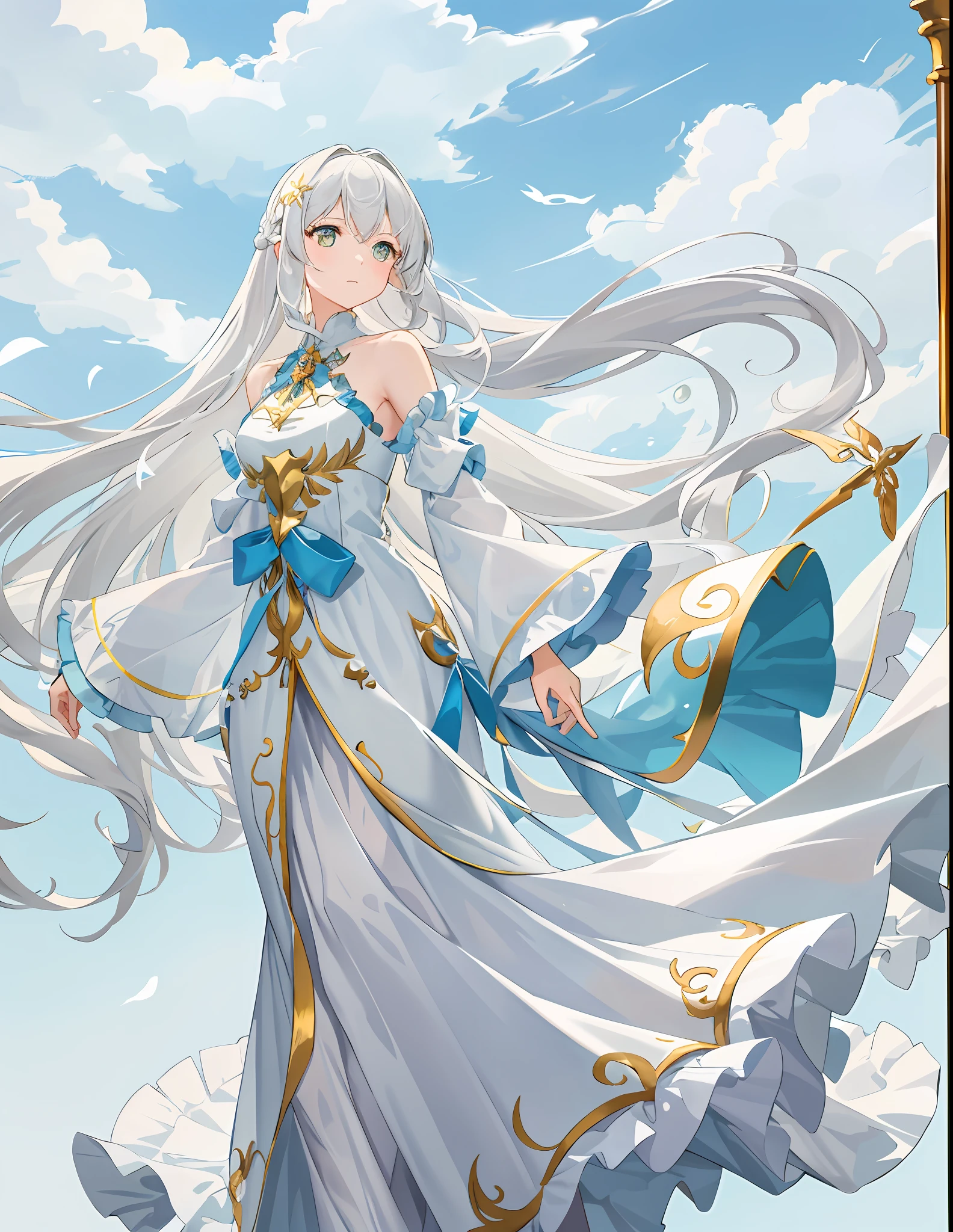 Masterpiece-level CG artwork with fresh and soft painting style. The theme is a beautiful girl with a fairy spirit, with golden eyes and fair skin, a fringed white dress flapping in the wind, long white hair hanging down, looking up at the sky in a very graceful posture, the hair is blown by the wind Flowing, side braids are elegant and alluring. The unique composition of the upper body of the picture highlights the exquisite beauty of the beautiful girl, with endless charm in simplicity.