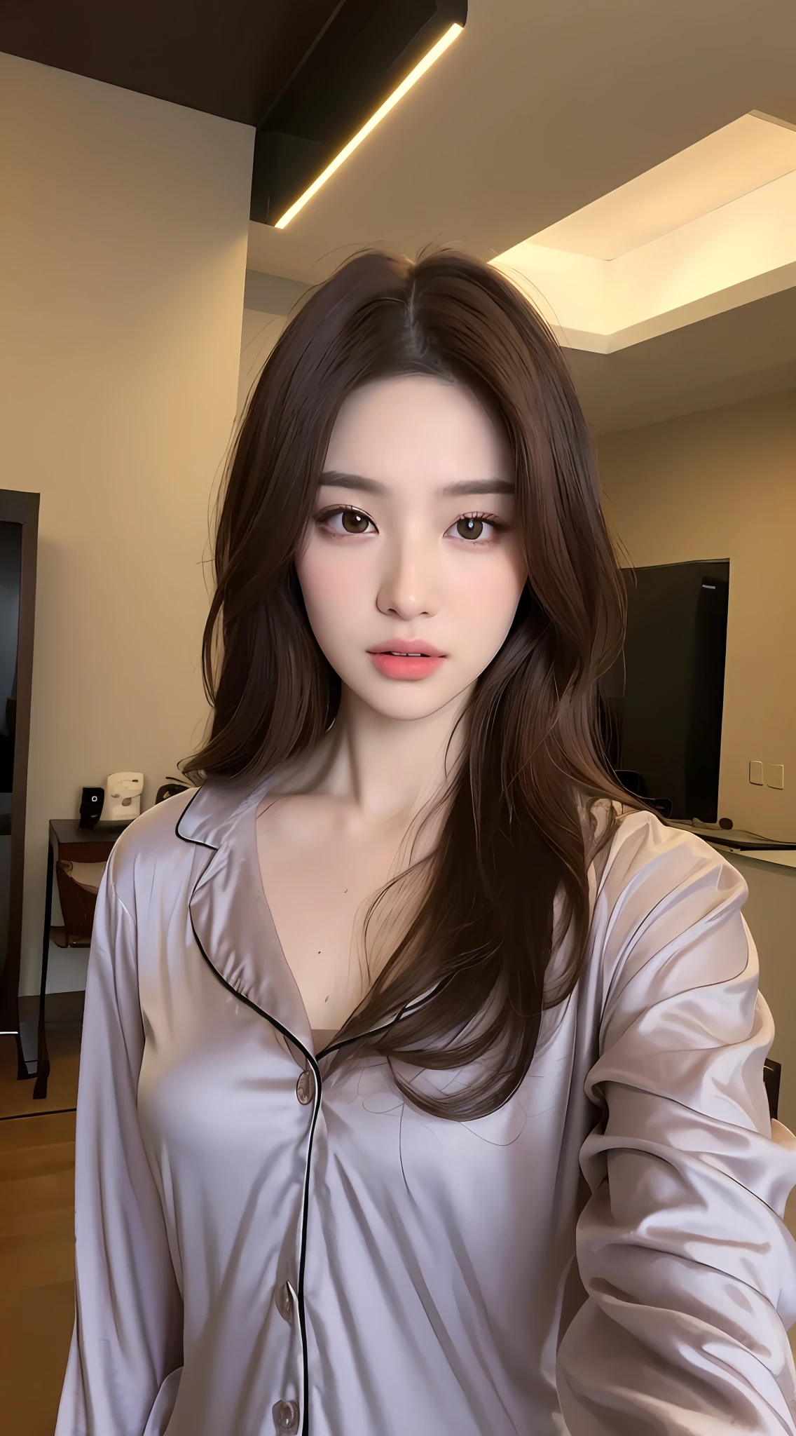 ((Realistic lighting, Best quality, 8K, Masterpiece: 1.3)), Clear focus: 1.2, 1girl, Perfect body beauty: 1.4, Slim abs: 1.1, ((dark brown hair)), (Fan pajamas: 1.4), (Indoor, night: 1.1), Ultra fine face, Fine eyes, (Double eyelids: 1.2),