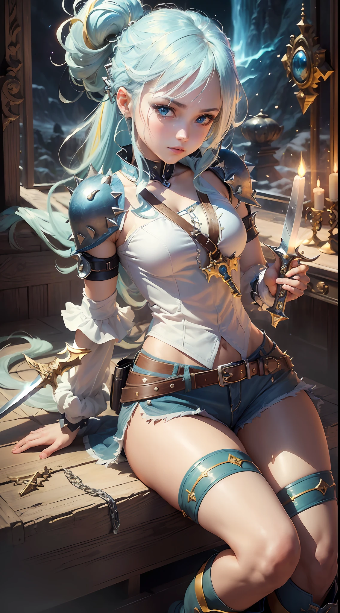 ((best quality, masterpiece, ultra-detailed CG), (dynamic pose, (1girl), serene expression, attractive face, dreams eyes, cyan eyes, sword + key: 1.2, white shirt, blue shorts, spiky ponytail, black boots, yellow hair: 1.2, kingdom hearts style), absurdly long hair, best lighting, beautiful colors, vivid imagination, divine atmosphere, mythical landscape, enchanting atmosphere, volumetric light)