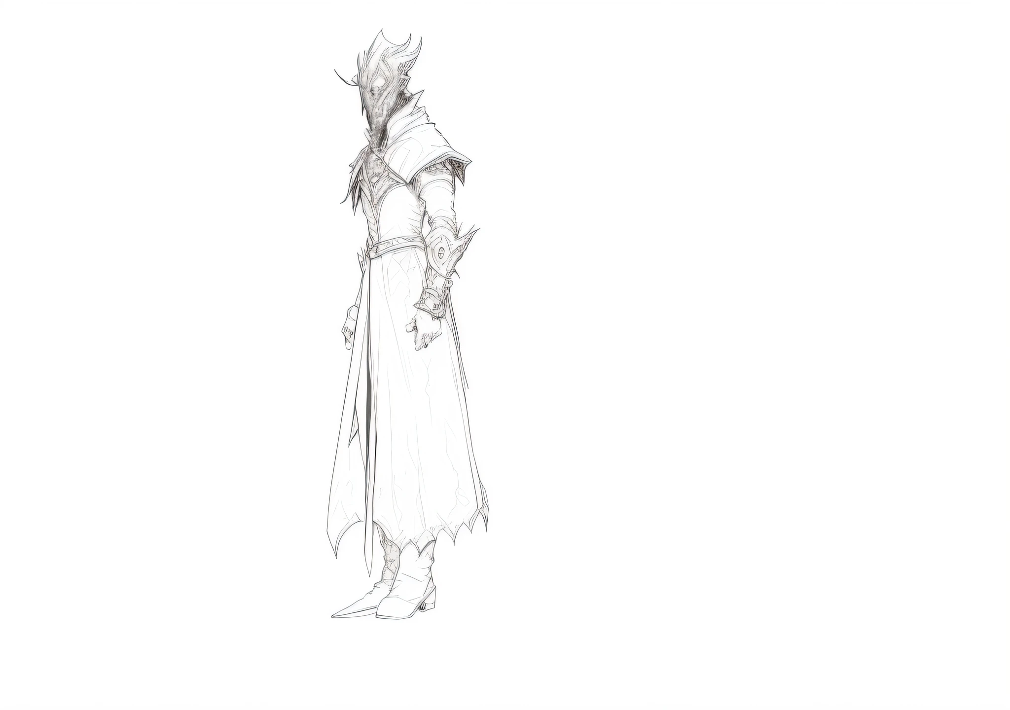 Drawing of a man holding a sword in a long coat, demon aristocratic character design, full body concept, complex fantasy character, new costume concept design, bloodborne style, dark fantasy character design, detailed full body concept, D&D character design, male necromancer, evil male wizard, arcane concept art, clear costume design, three views, line drawing