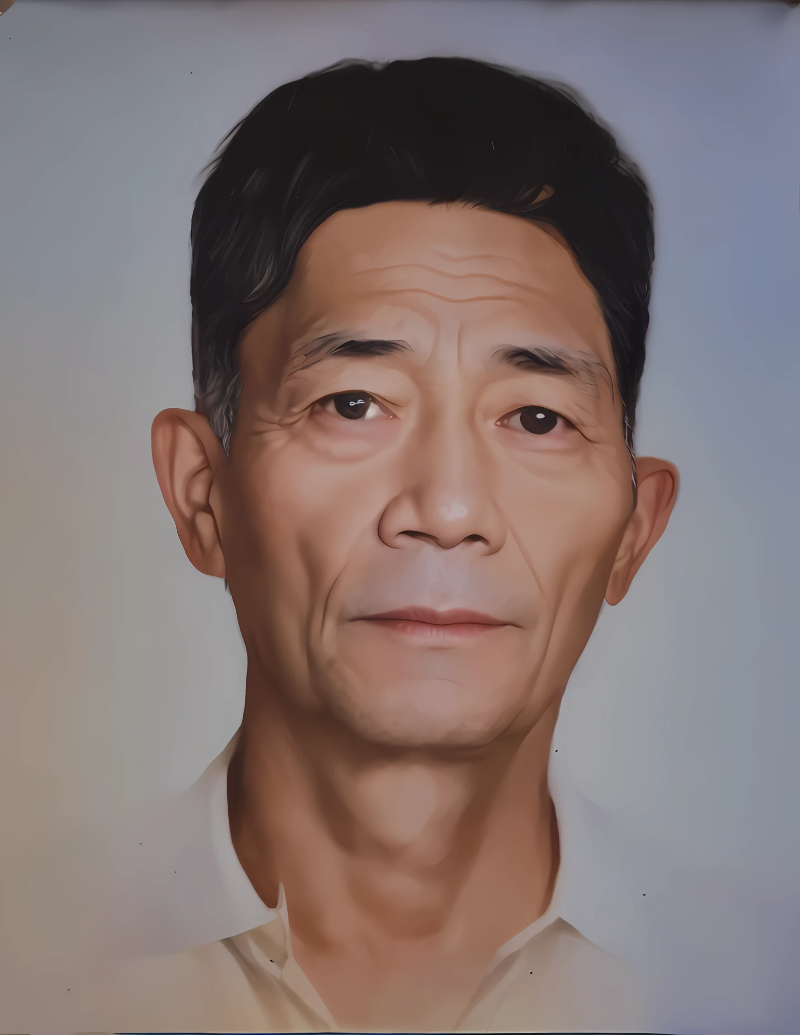 Portrait of a man with a white shirt(((black and white hair)), 80 years old, (thin eyebrows)), small eyes, tee eyes