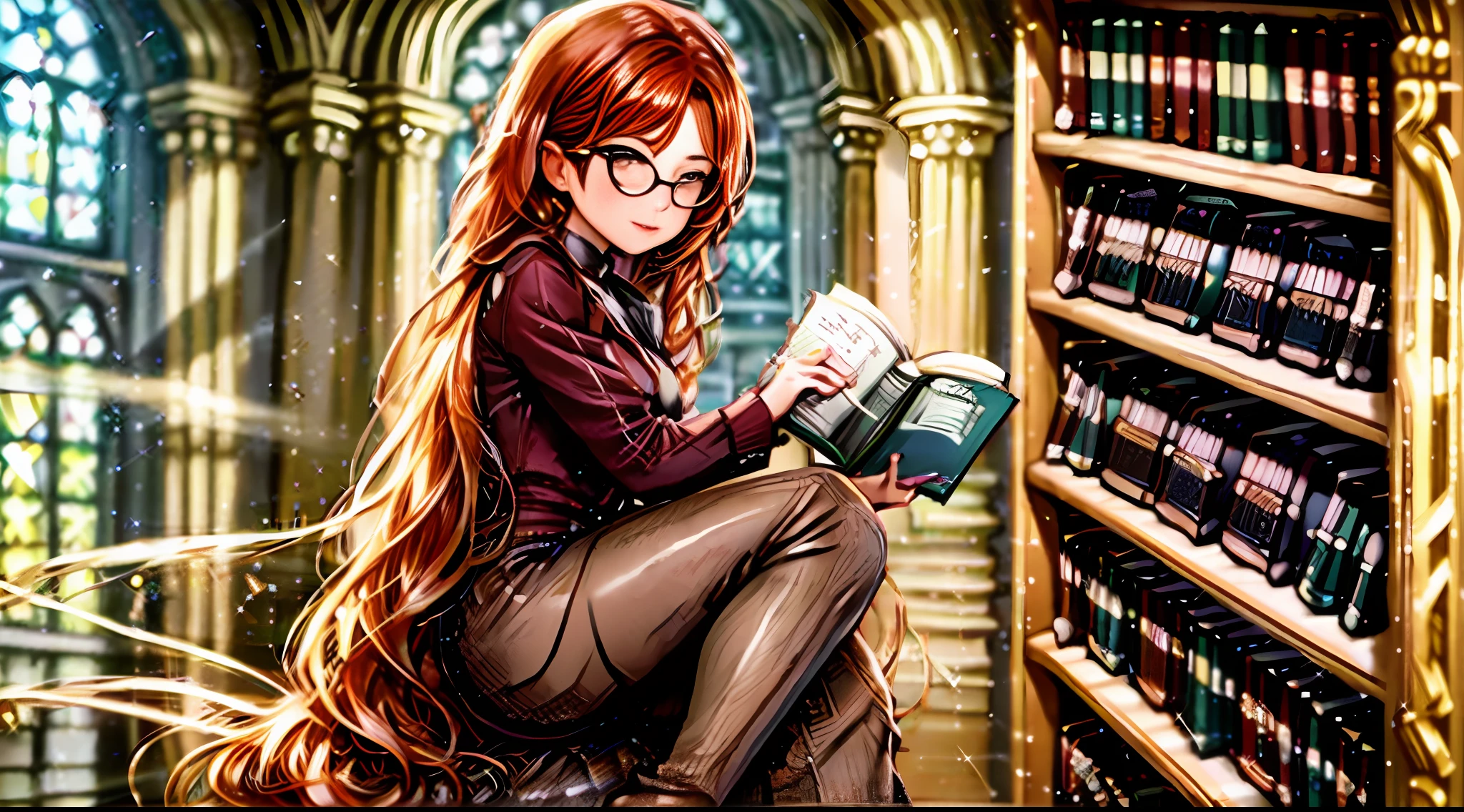 picture book world, fairyland, redhead, curled hair, freckles, good old america, vintage, one girl, sitting, library, bookshelf, reading, glasses, masterpiece, best quality, stacked books, retro, twin tails, zoom out