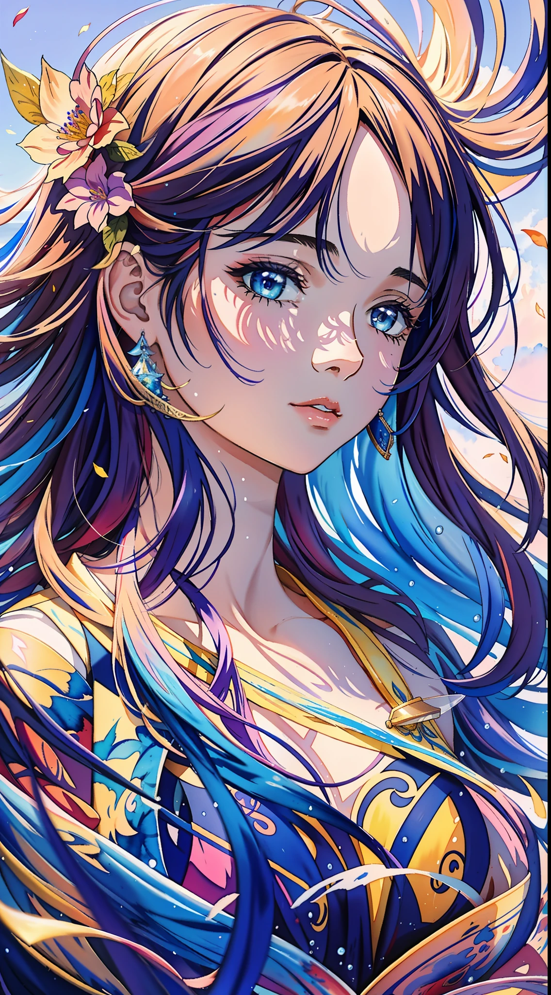 Colorful beautiful girl: an 18 year old girl, messy hair, oil painting, perfect face, soft skin perfect face, blue-yellow, light purple and violet addition, light red addition, intricate details, splash screen, 8k resolution, masterpiece, cute face, artstation digital painting smooth very black ink flow: 8k resolution realistic masterpiece: intricate fluid gouache: by Jean Baptiste Mongue: Calligraphy: Acrylic: Watercolor Art, Professional Photography, Natural Daylighting, Volumetric Lighting Minimalist Photography Illustration: by Marton Bobzert: , Complex, elegant, expansive, dreamy, wavy hair, full of energy