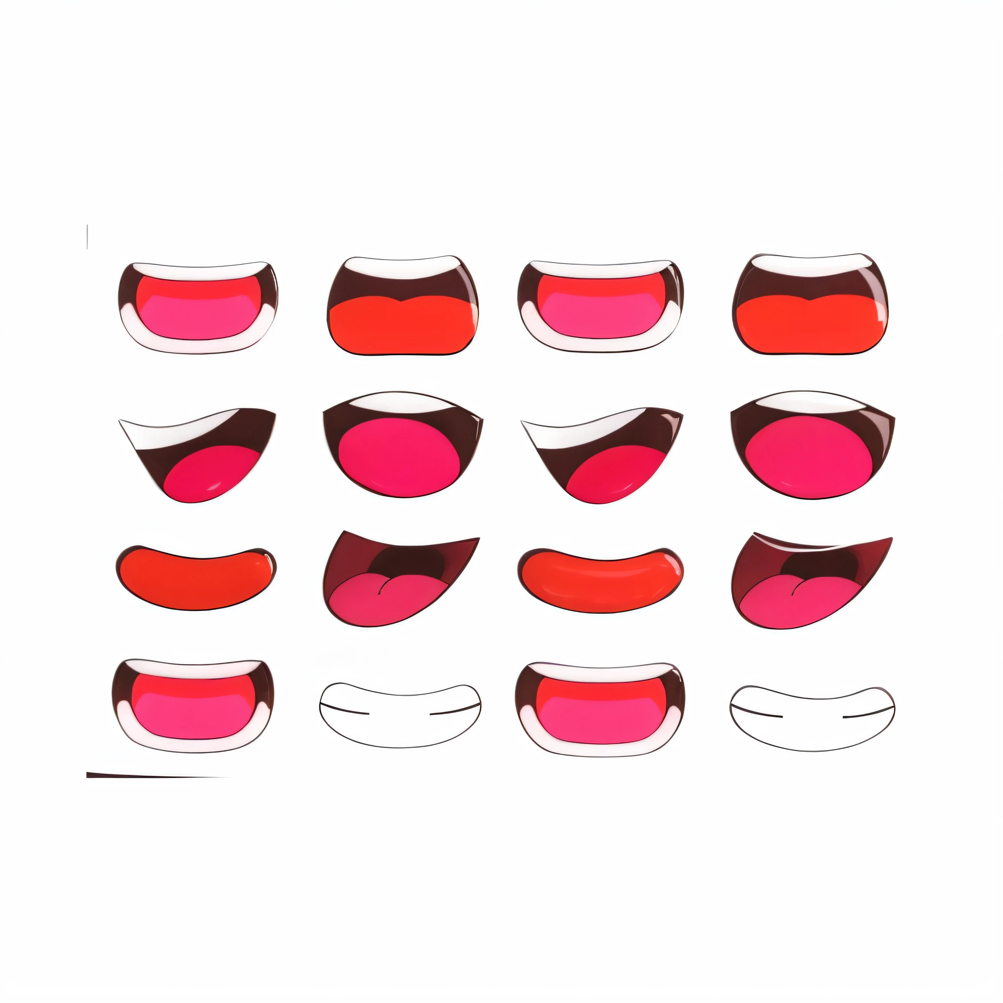 there are nine different shades of red and pink on a white background, eyes and lips, mouths, many mouths, red mouth, large cute anime eyes, cartoon eyes, pointed teeth and several eyes, masami kurumada, parted lips, plush lips, detailed mouth, micro expressions, face accessories, teeth, vampire teeth, large lips, evangelion style eyes
