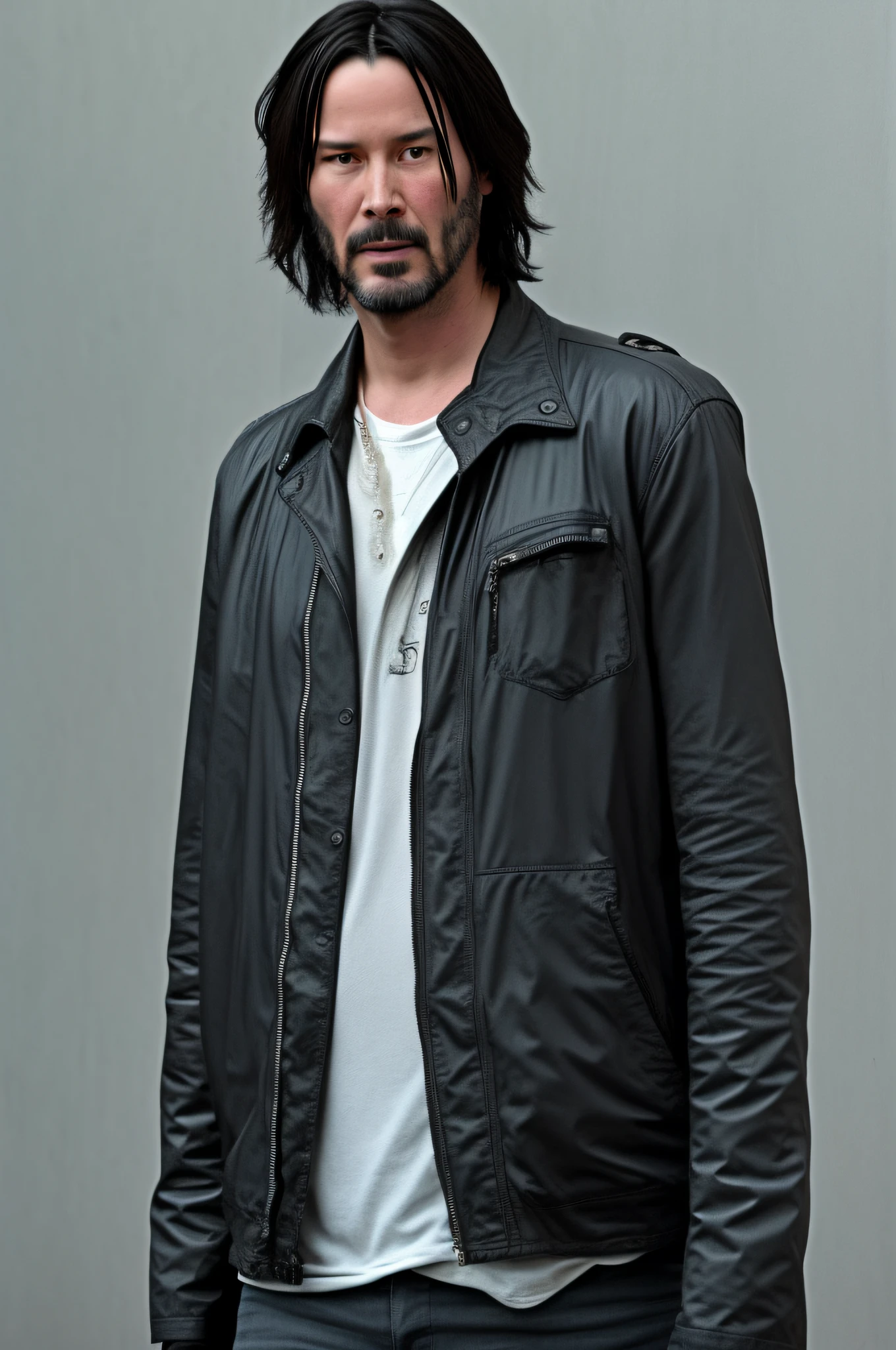 Keanu Reeves, oily (looking at camera) in the background, evil:.2, still from the film,