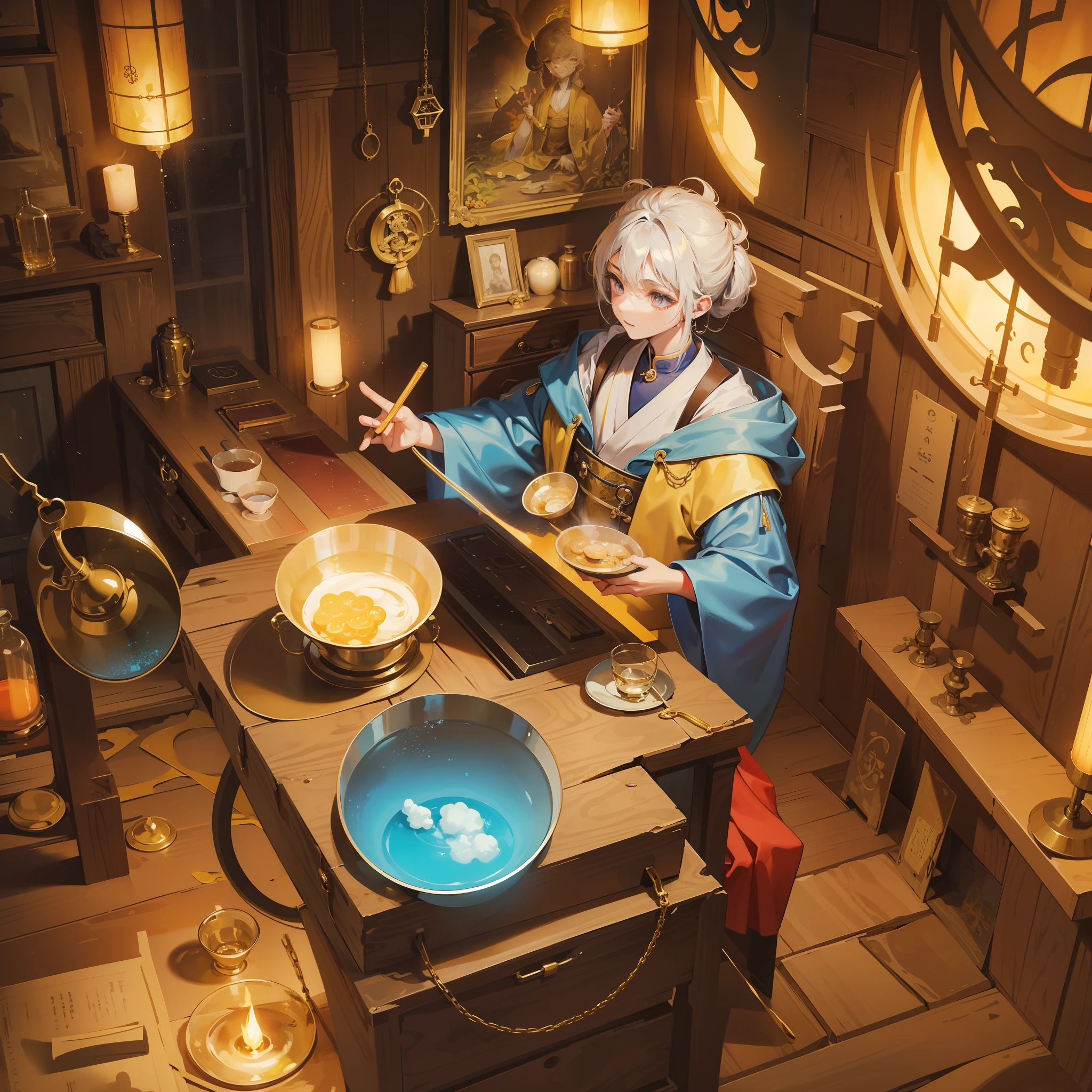 In the background is a mysterious alchemy room, where the alchemist is dressed in a gorgeous Daoist robe, holding a golden pill furnace, and has a focused expression on his face, as if he is conducting an extremely important alchemy experiment. And beside him, a seemingly ordinary piece of turned into a glowing Xuan-colored alchemy material. The scene is full of imagination, and people can't help but sigh at the magical changes in the dream.