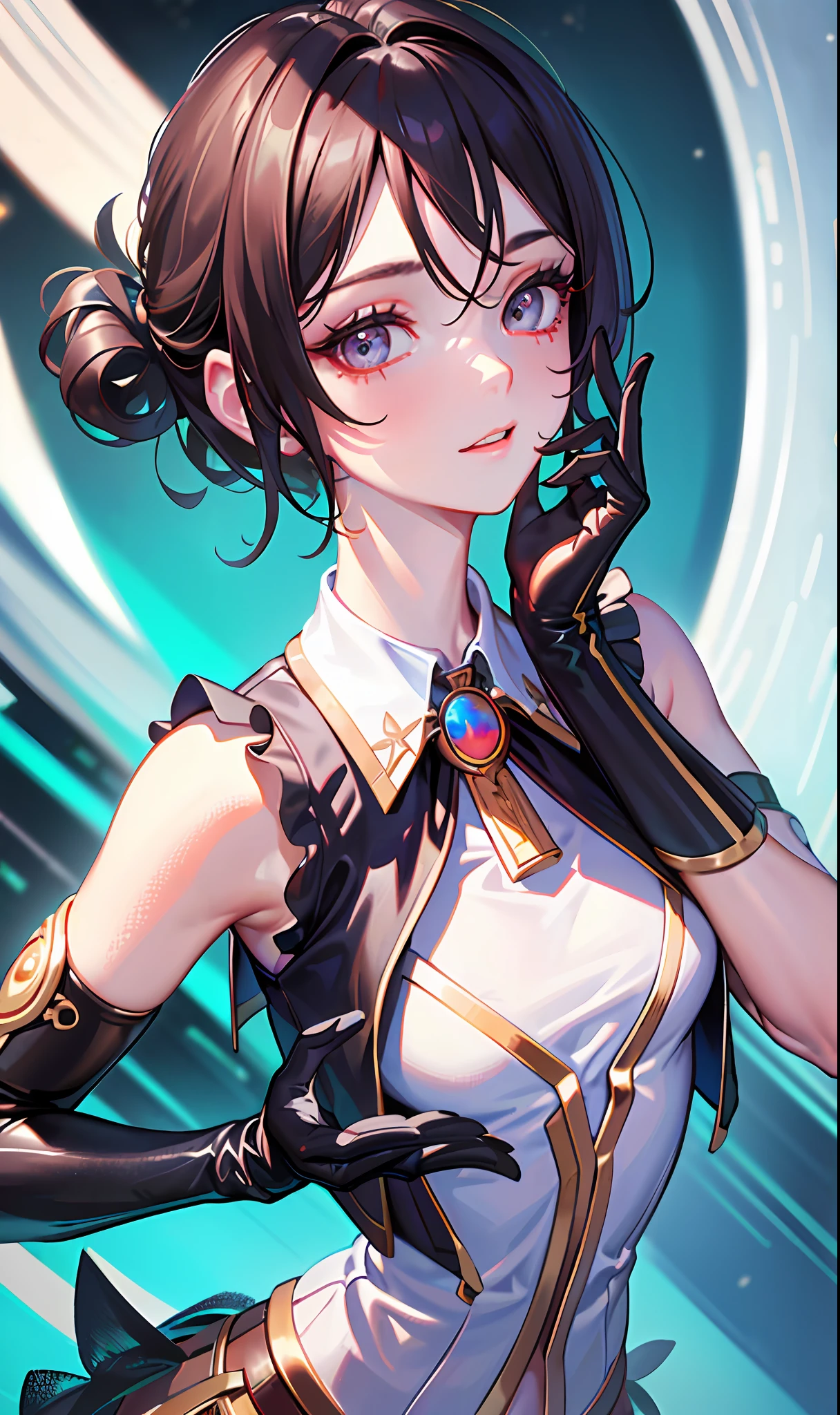 (masterpiece, sidelighting, finely detailed beautiful eyes: 1.2), (masterpiece*portrait), portrait, (bust), realistic, 3d face, lusious skin, ((solo)), (close-up of face), (fire opal-like eyes), (obsidian prosthetic eye), hanging eye angle, ((high detail skin, visible pores)), (perfect figure), a beautiful girl, small breasts, ((sleeveless vest)), (neck ring), (short gloves as short as half a palm)