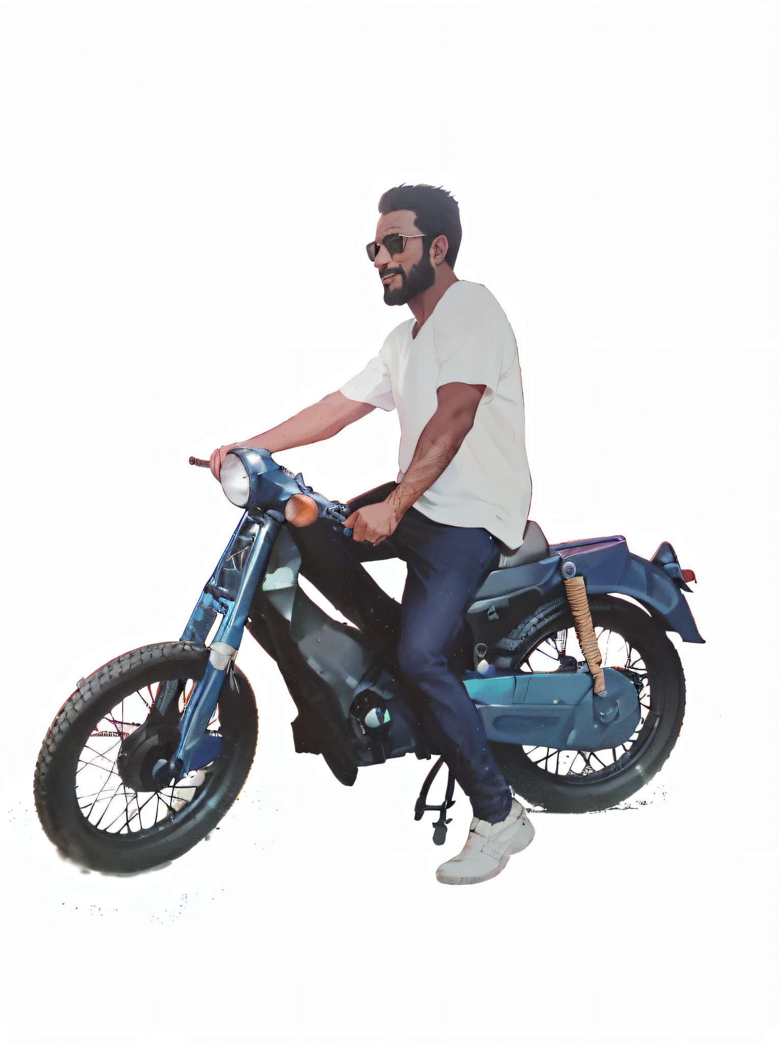 Arafed Man riding a blue motorcycle with handlebars, 2D rendering, Sri Lankan Mad Max style, riding a motorcycle, motorcycle, motorcycle, moped, riding a motorcycle, Vijay Jayant props, in Neodada style, artistic pose, biker, [ digital art ]!!, photo-shopped, drawn with Photoshop