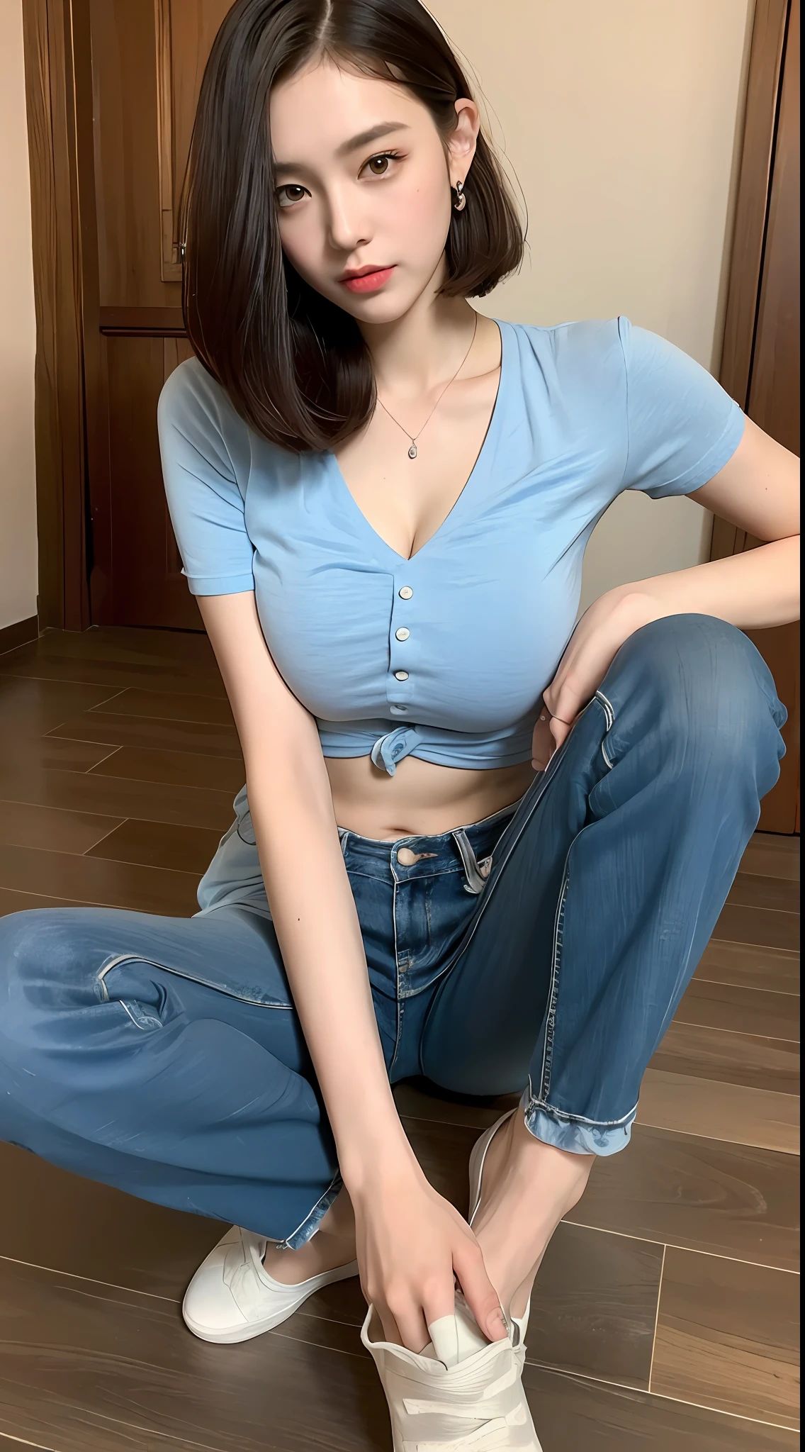 ((Best Quality, 8K, Masterpiece: 1.3)), 1girl, Slim Abs Beauty: 1.3, (Hairstyle Casual, Big Breasts: 1.2), Dress: 1.1, Super Fine Face, Detailed Eyes, Double Eyelids, Home, Wide Angle Lens, Casual Shoes