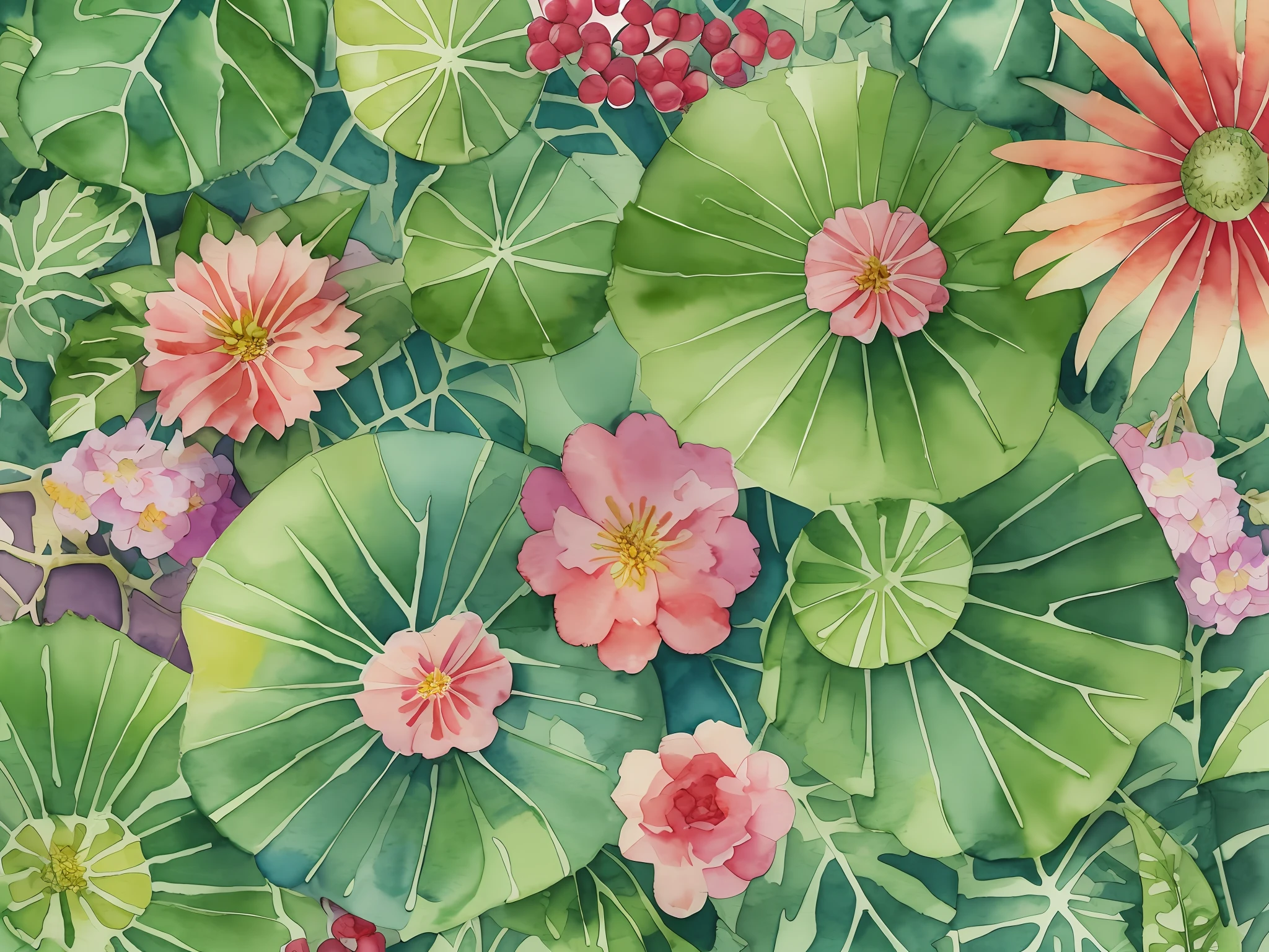 #3b4195 Beautiful flowers, berries, ferns, leaves, watercolor pattern in calm colors on color background. Watercolor paper texture. --auto --s2