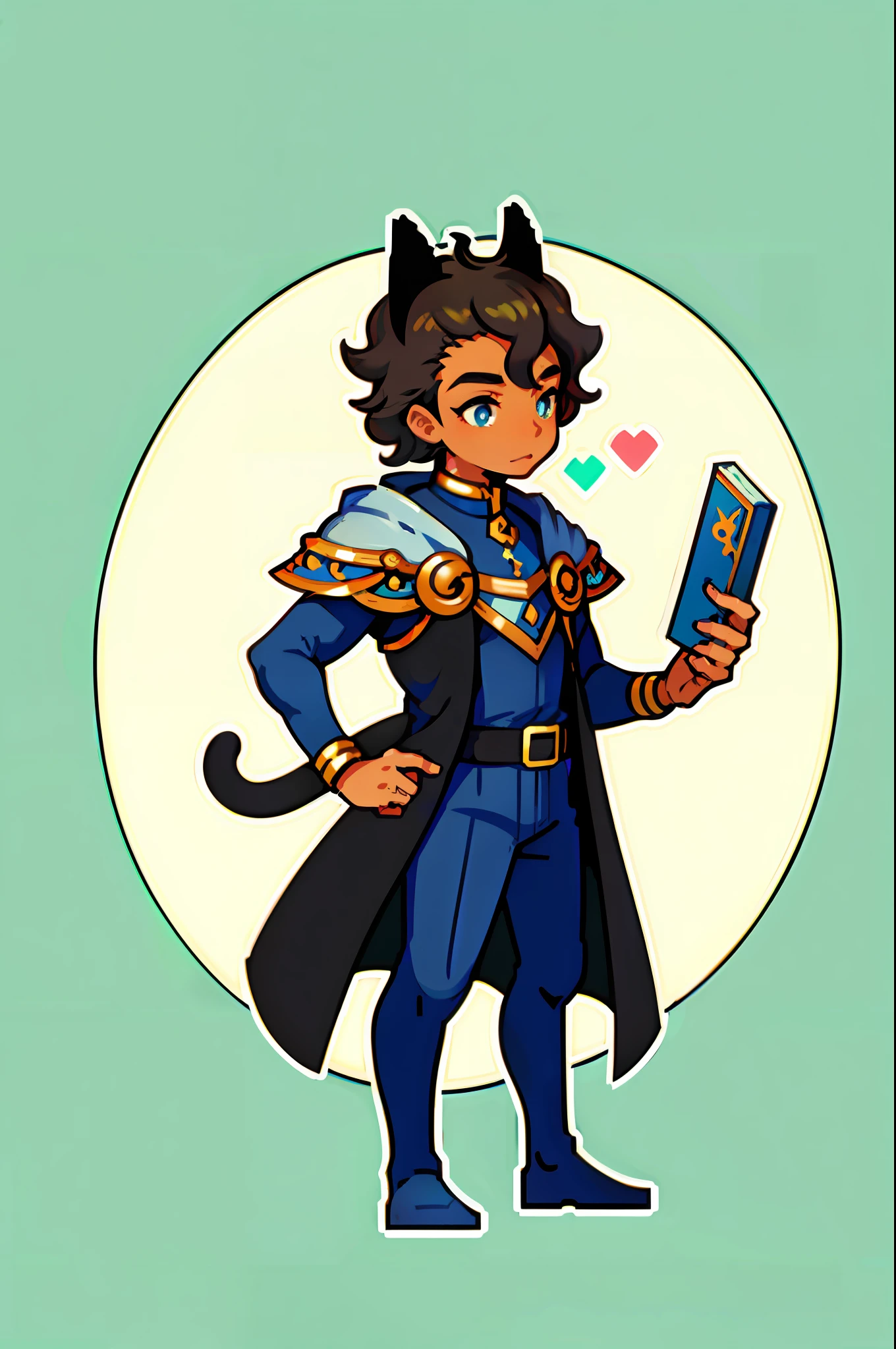 (masterpiece, top quality, best quality), pixel, pixel art, 1 boy, full body, curly brown hair, cat ears, black man, young black boy, medieval clothes, dnd rpg, holding a book,