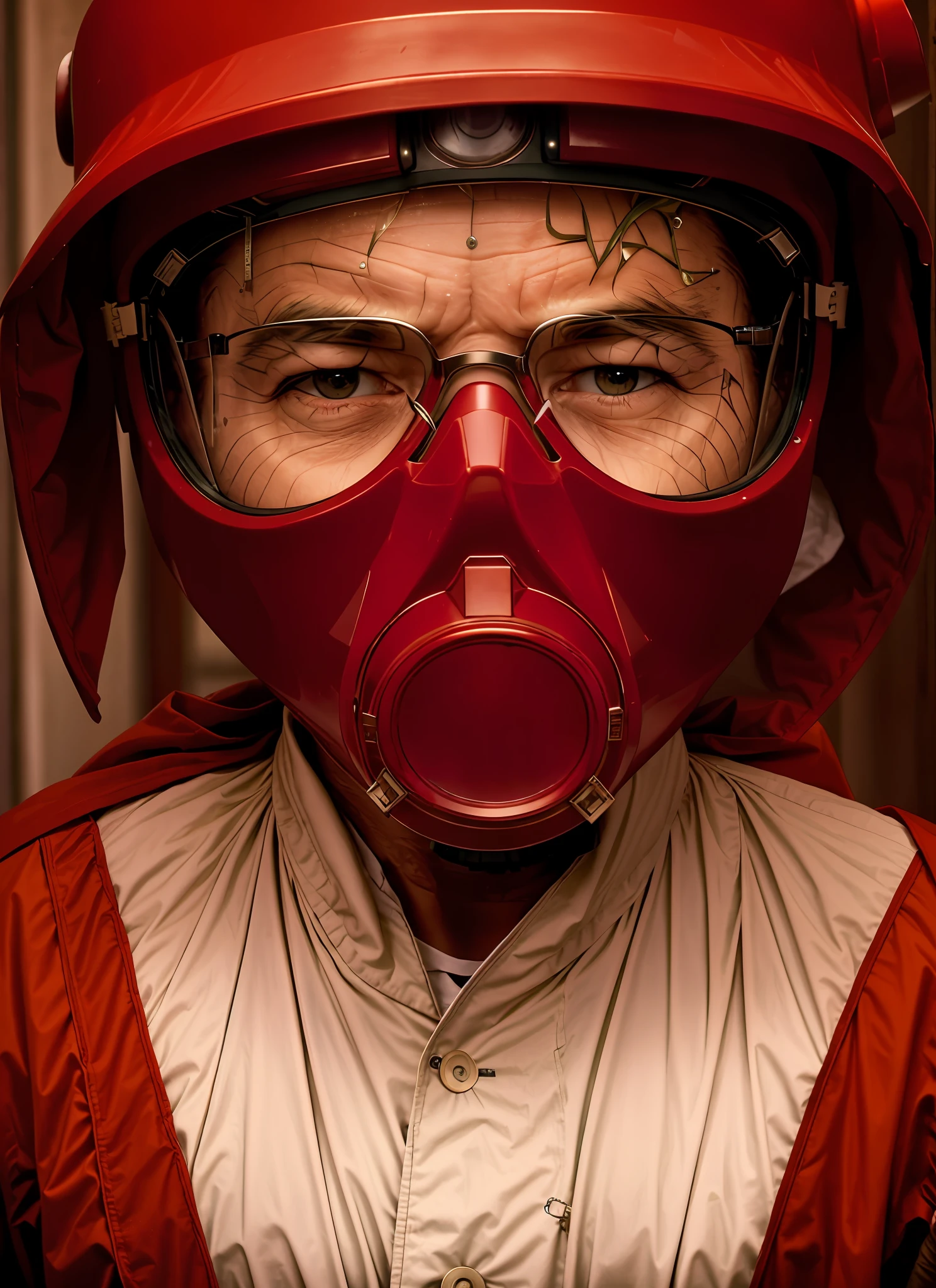 A stunning and complex color photo of the upper body of a man wearing hoods (wearing a red lab coat and a gas mask on his head), epic character composition, round 6 style, nina masic, sharp focus, natural lighting, subsurface dispersion, f2, 35mm, film grain