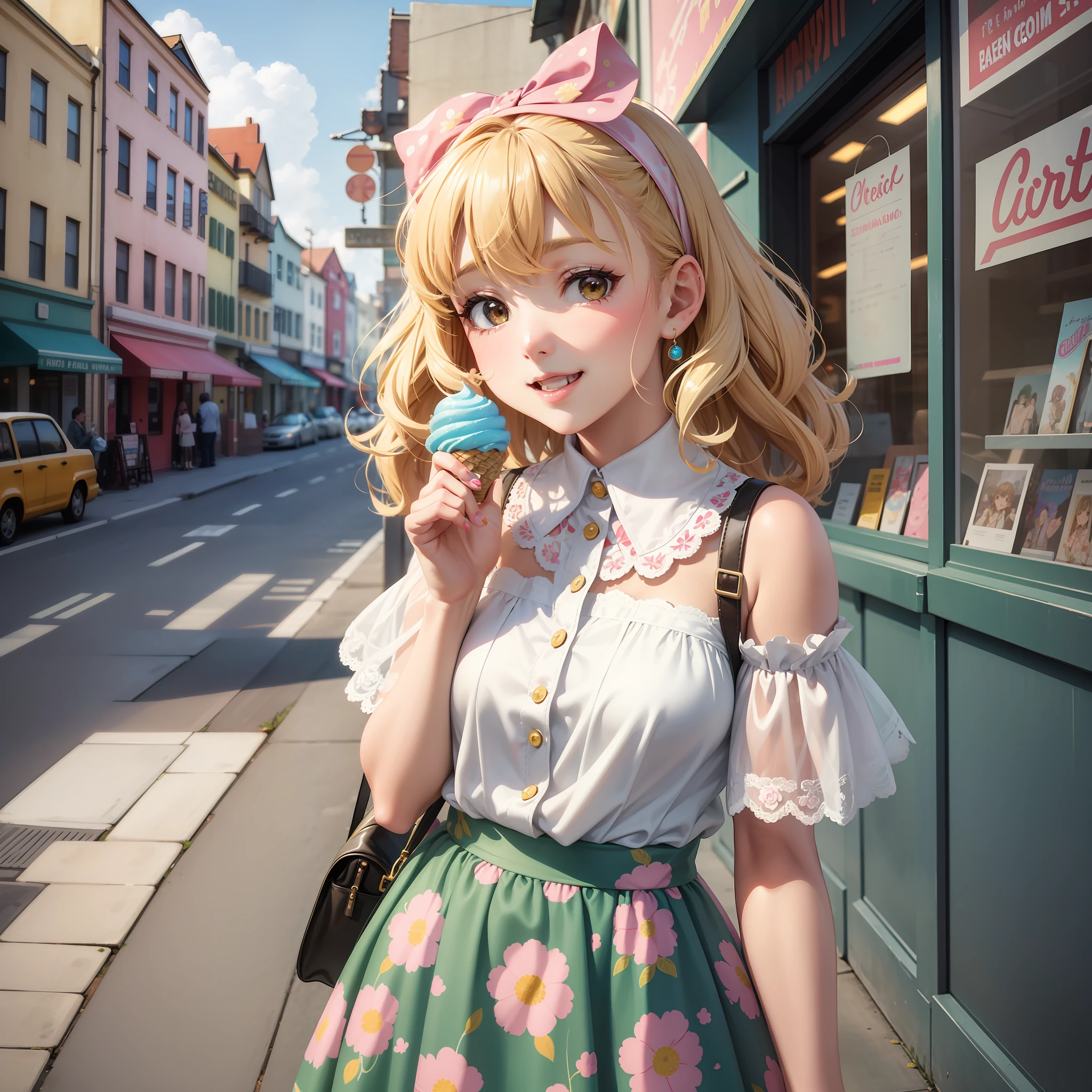 In anime, a cute girl with a retro vibe is depicted. She has a bright and cheerful style, infused with nostalgic elements. Her short, wavy, light beige hair is adorned with pops of color. Sometimes, she wears a small ribbon or flower headband. Her round face and plump cheeks accentuate her large, expressive eyes that sparkle in bright blue or green, often with winks and smiles.Her clothing reflects a retro style with vintage details like ruffles, lace, and floral patterns. Dressy dresses and skirts are paired with boleros or cardigans. Her footwear includes whimsical designs pretty pumps.Backgrounds portray pastel clouds or retro cityscapes. She can be found in ice cream parlors, record stores, retro game centers, or places filled with nostalgic charm.She is often depicted happily laughing and indulging in sweets. In the anime, she pursues adventures, friendships, and dreams, inspiring viewers with energy and hope.