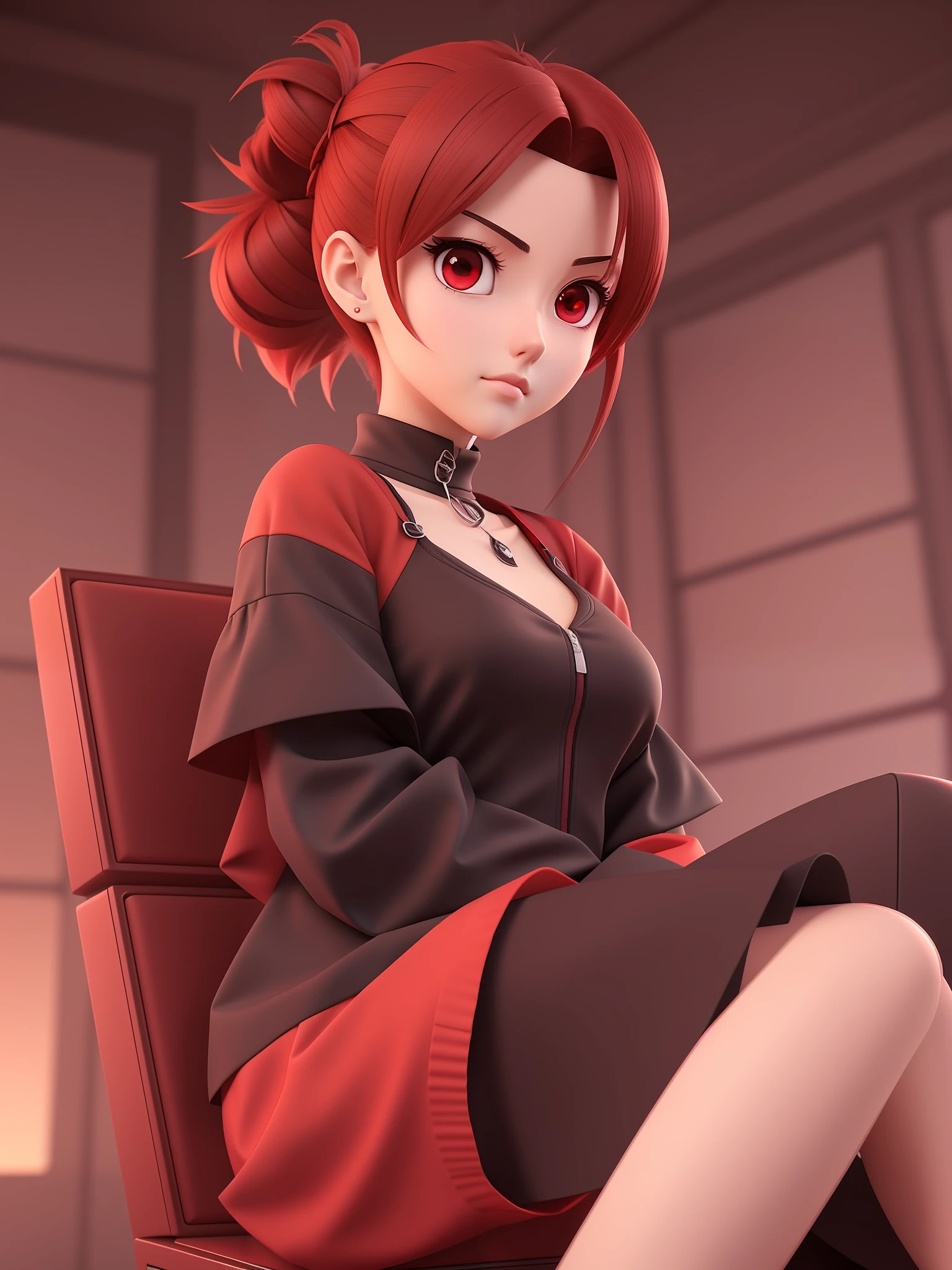 Young girl, a cartoon character dark red outfit, ((cold expression and tired eyes)), ((hair up to shoulder)), (red eyes), stylized character, animation character, stylized 3d render, 3d character, highly detailed character, stylized anime, stylized 3d, render character, character model, closeup, (maximum quality), sipping box juice sitting in a chair looking at the horizon