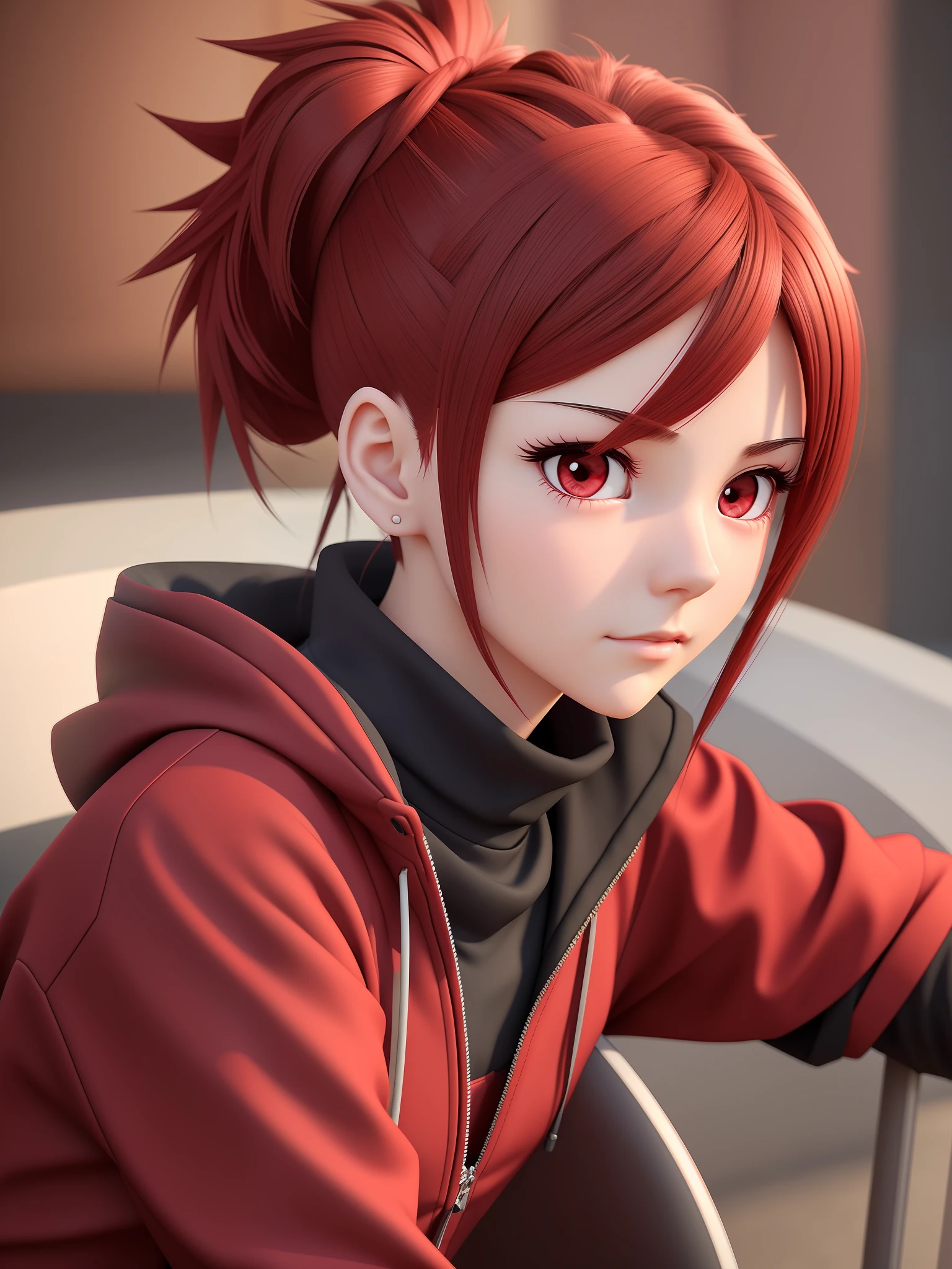 Young girl, a cartoon character dark red outfit, ((cold expression and tired eyes)), ((hair up to shoulder)), (red eyes), stylized character, animation character, stylized 3d render, 3d character, highly detailed character, stylized anime, stylized 3d, render character, character model, closeup, (maximum quality), sipping box juice sitting in a chair looking at the horizon