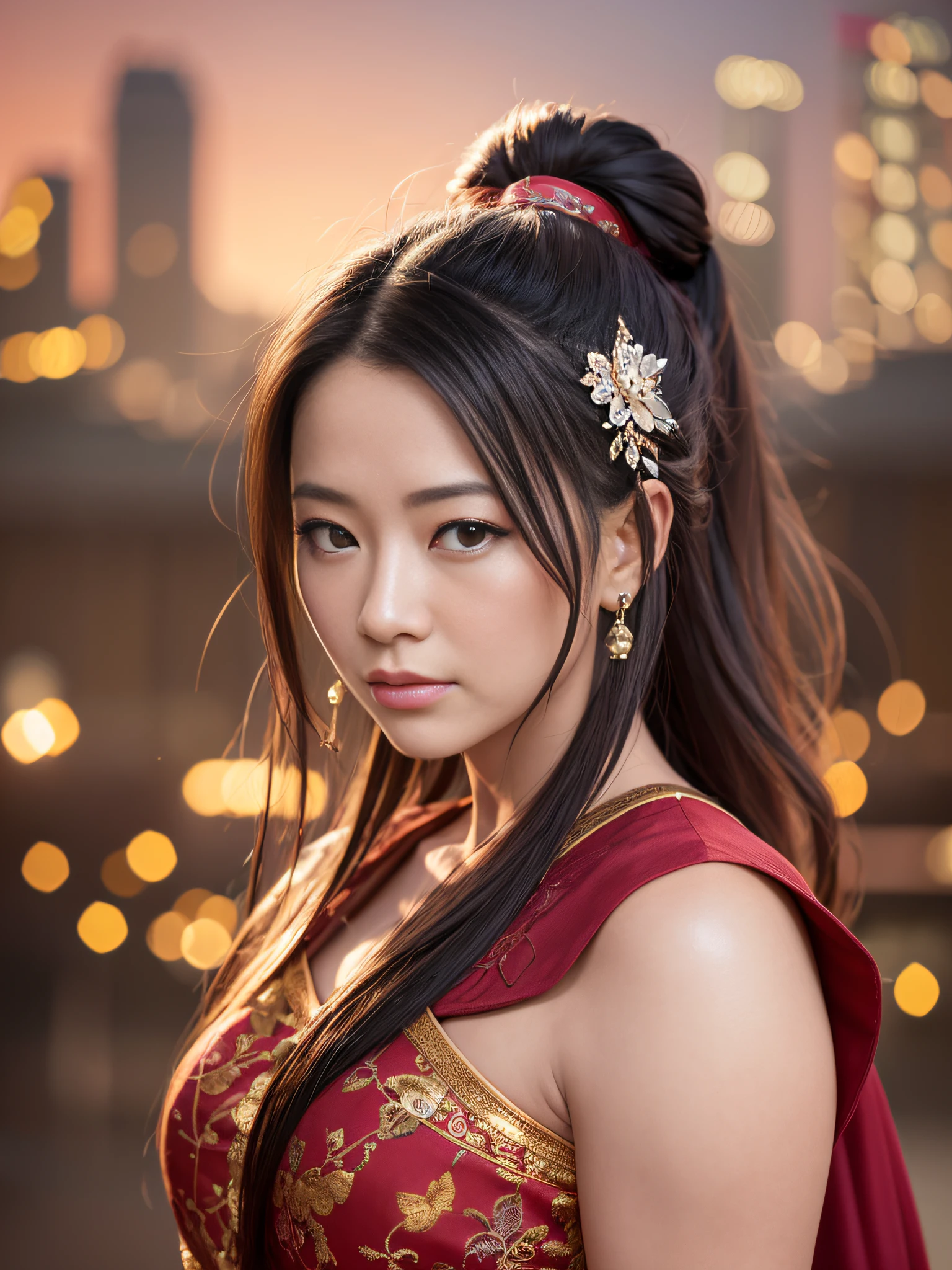 a photo of the beautiful Ming-Na Wen as Mulan, (long hair), wearing typical Chinese red clothes, sunset, 4th century Shanghai city in the background, Han Dynasty, style of (Steve McCurry), Nikon Z FX device, EF 70mm lens, cinematic lighting, studio context, long exposure style, long shot type, vibrant color scene,  photorealistic, intrinsic, beautiful face, ultra-detailed face, perfect body, whole body, flawless, realistic, highly detailed, art station, trend, masterpiece, realistic face, realistic skin, detailed eyes, great art, render ultra realistic n-9, 4K, 8K, 16K, 20K, HDR, UHD, 64K, perfect lighting, studio lighting, photorealistic, hyper realistic, symmetrical face, unreal engine, bokeh, high resolution scanning, professional photography