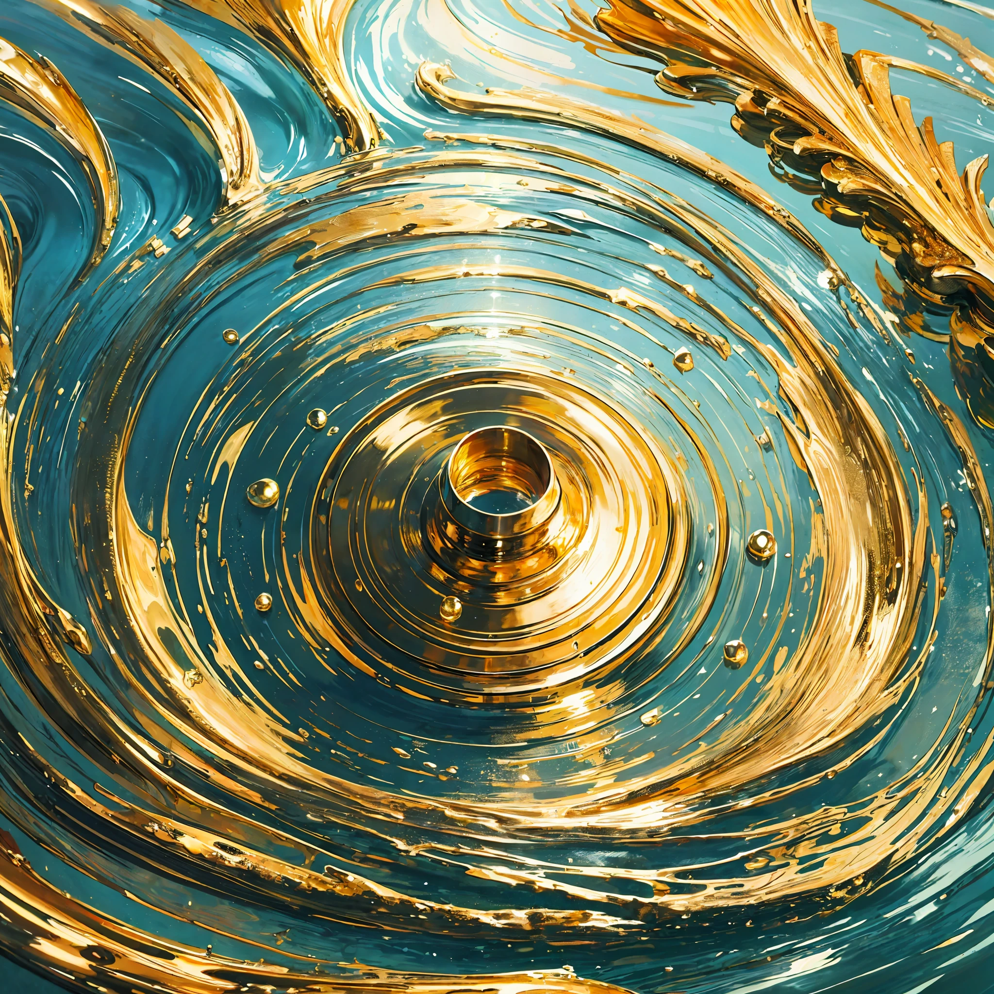 a single drop of liquid gold falling into a (golden ocean), gentle ripples in the surface, intricate details, stunning scene, sublime shapes