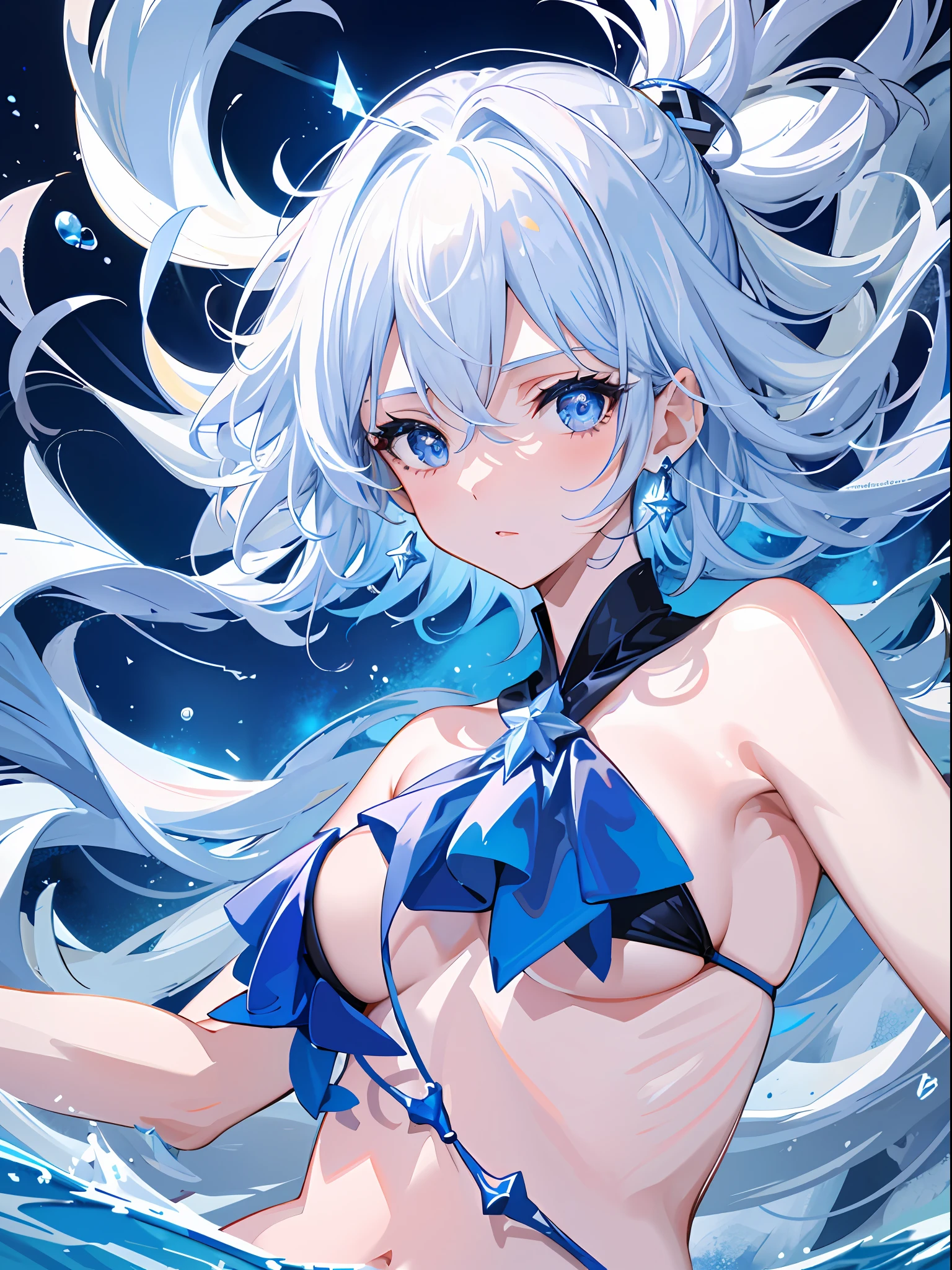 Ice Spirit, Solo, Girl, Sex, Ultramarine Color, White Hair, Disheveled Hair, Short Hair, Blue Nails, Blue Lips, Earrings, Ultra Mini Bikini, Water World, Icy Cold Expression, World's Most Beautiful Girl, Sex (Super Detail), Floating, Water Balls, Angle from Below