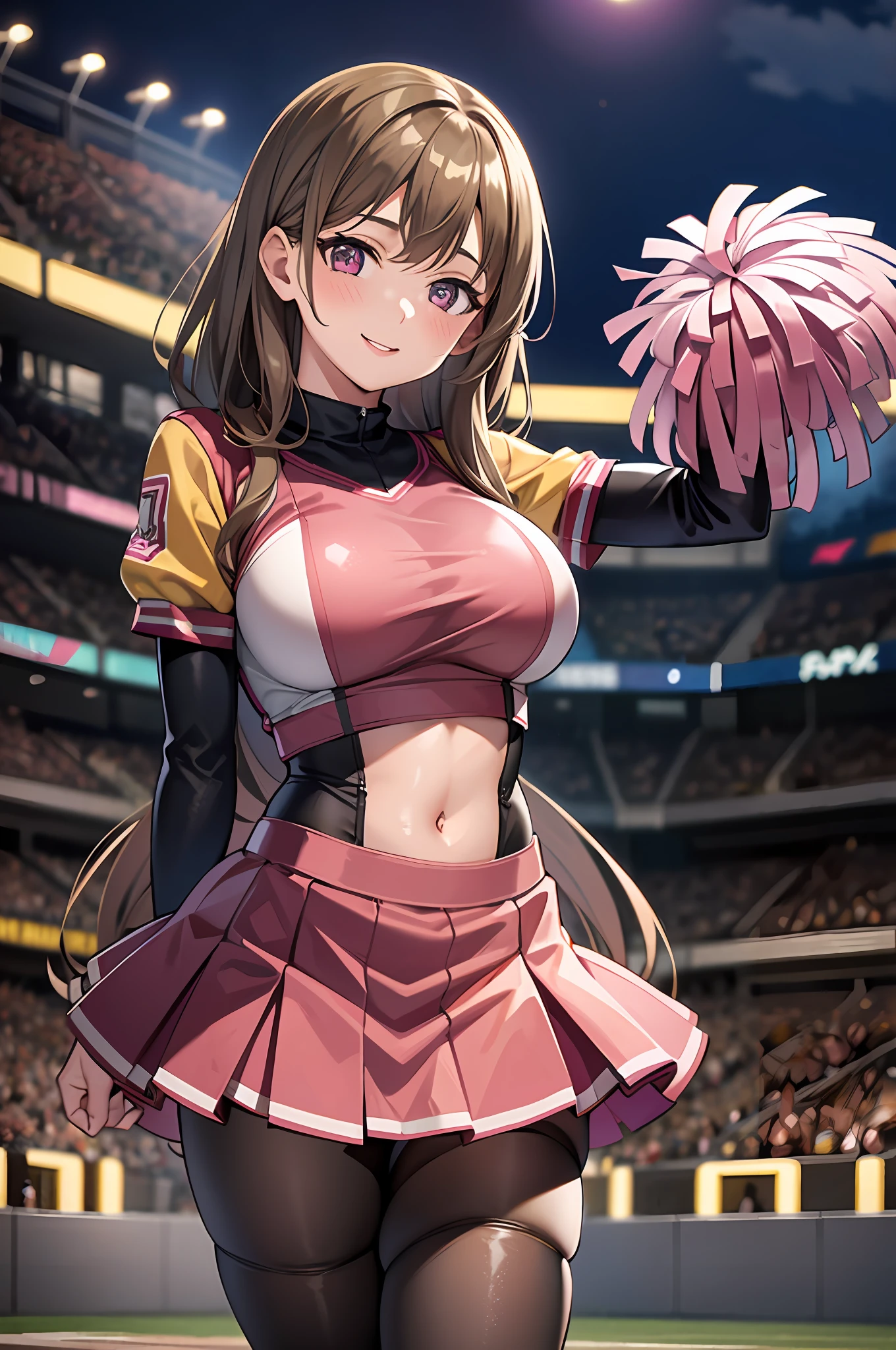 1girl, light brown hair, large breasts, pink cheerleader uniform, smiling, stadium background, night, pantyhose, cowboy shot