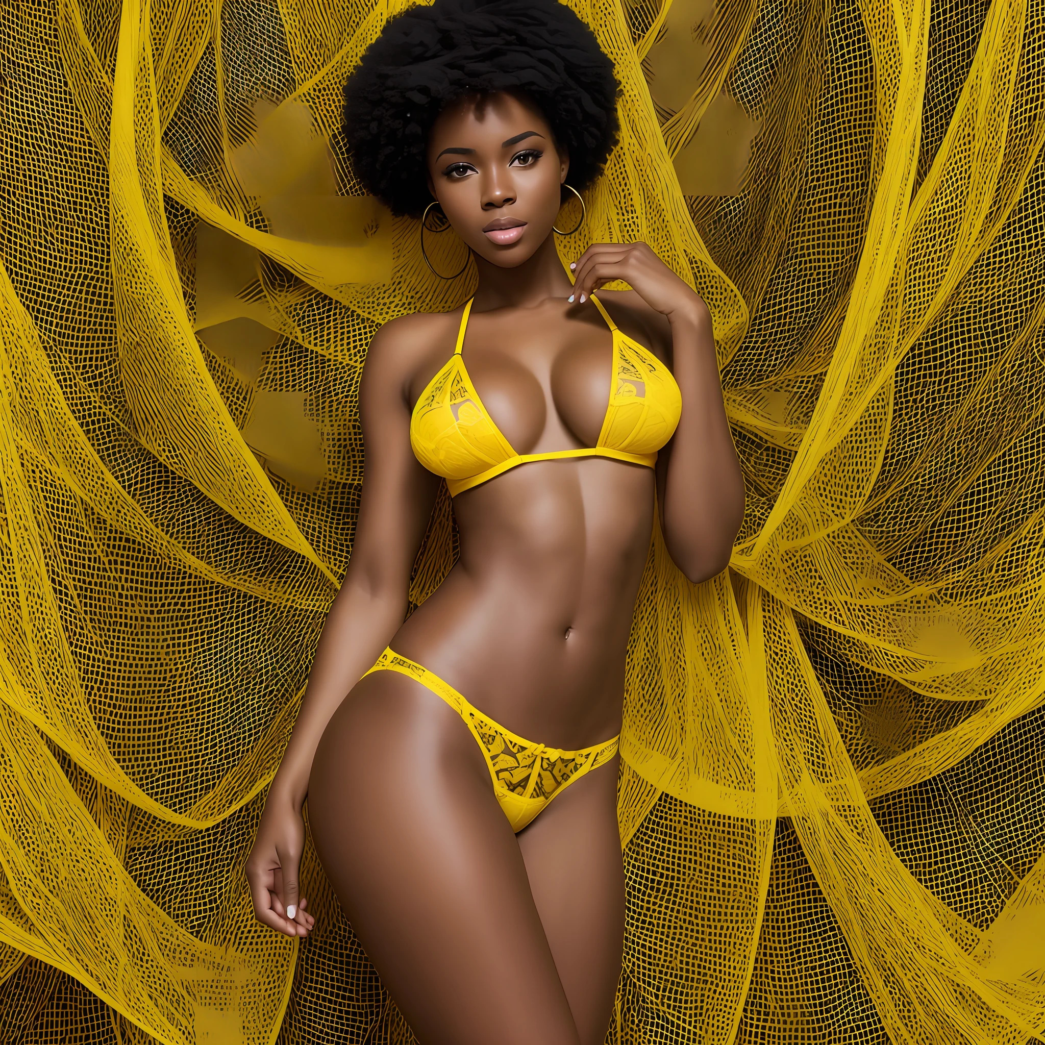 Black race woman, african beautiful body, standing wearing yellow lingerie seductive look --auto --s2