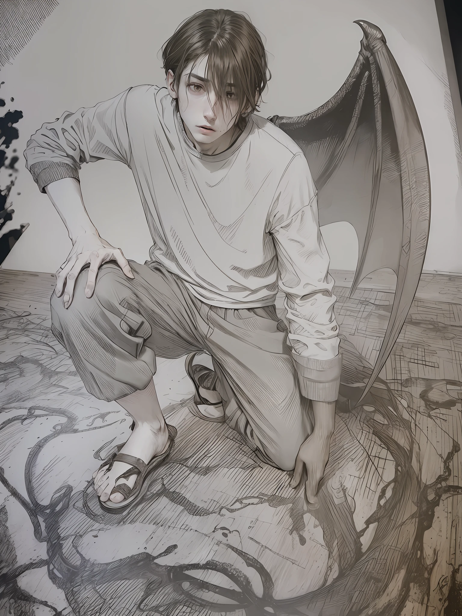 realistic, high resolution, boy, brunette hair, , loose white shirt, brown sweat shorts, half kneeling, hands on knees, right back with demon wings, demon tail, pale skin, melancholy eyes, background fantasy