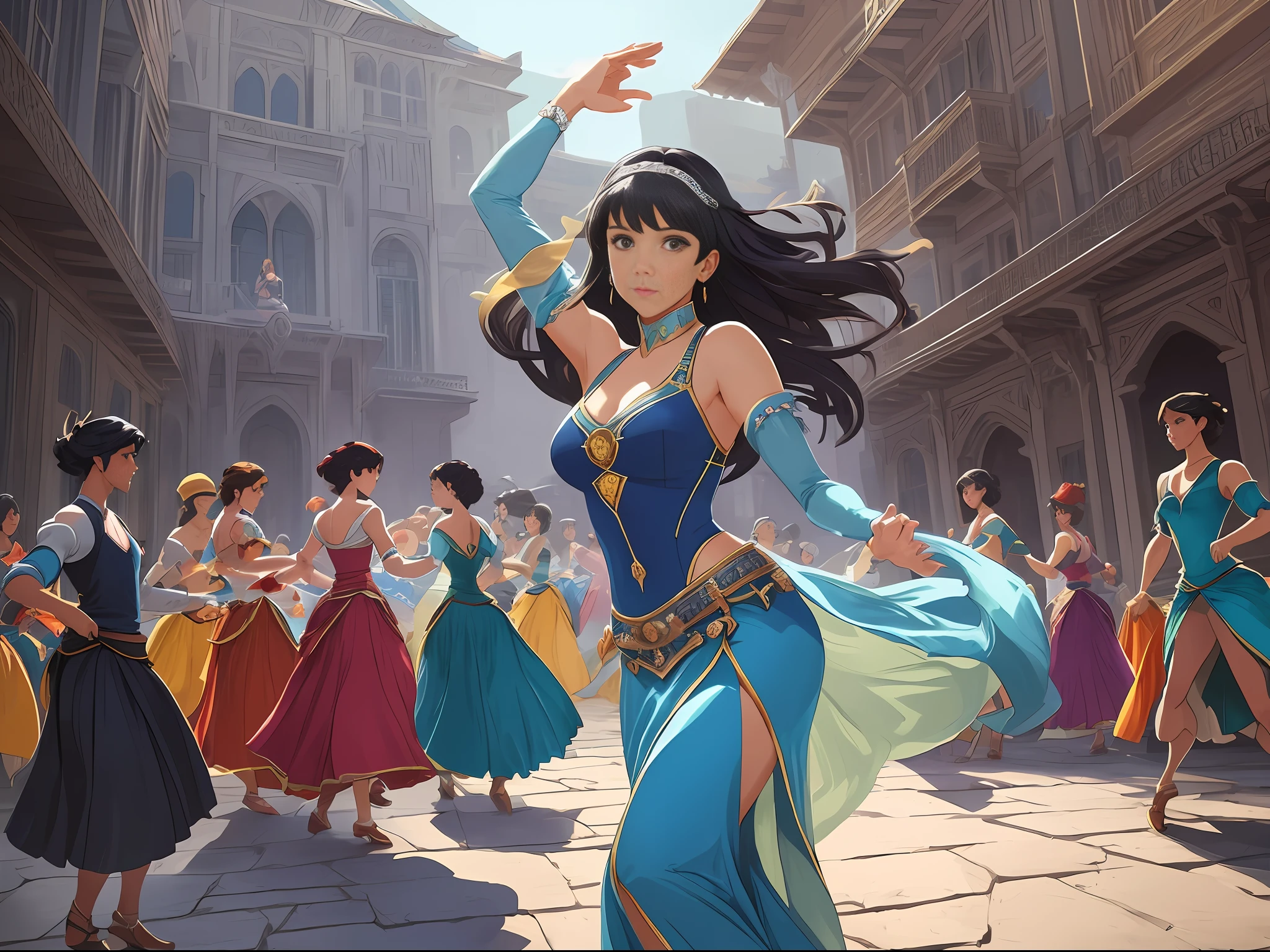Full panorama ultra-realistic view panorama scene when Giselle dances in front of a large audience, full body portrait, realistic detail illustration, (beautiful 16 years old), belly dancer Gisela in blue Arabian belly dancer ((miniskirt)), she has curly black hair, very beautiful great body, complex, elegant, highly detailed, digital painting, art, concept art, smooth, sharp focus, illustration, Artgerm and Greg Art by Rutkowski and Alphonse Mucha, portrait, minimalism, bold colors, sharp details, highly stylized anime illustrations, ultra-detailed illustrations, modern, bright colors, ultra-detailed, acrylic painting, fan box Pixiv trends, color palette knives and brushstrokes, Shinkai Makoto style Jamie Witt James Gilliard Edward Hopper Greg Rutkowski Studio Ghibli Genshin Influence, low polygon, isometric art, 3D art, high detail, art station, concept art, Behance, ray tracing, smooth, sharp focus, ethereal lighting, Arab palaces growing in the back, ((((a group of princes and princesses dancing)))).