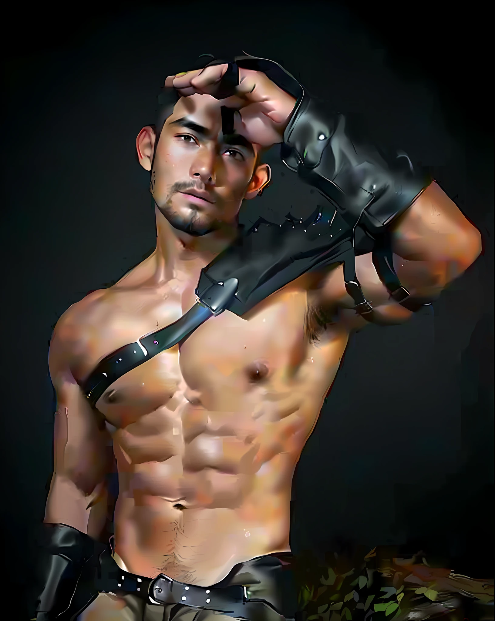 parameters: topless male, solo, (young), Indonesian guy, semi-realistic illustration of a lumberjack, dark skin, sweat, beard, body hair, small waist, broad shoulders, chisled jawline, asthetic muscular physique, open compression shirt, open jeans, black flannel shirt, huge crotch bulge, masculine, inside stable's, masterpiece, best quality, high-res, medium full-body shot, looking at viewer, by chunie and Taran Fiddler, naked, cowboy, full-quarter body shot,