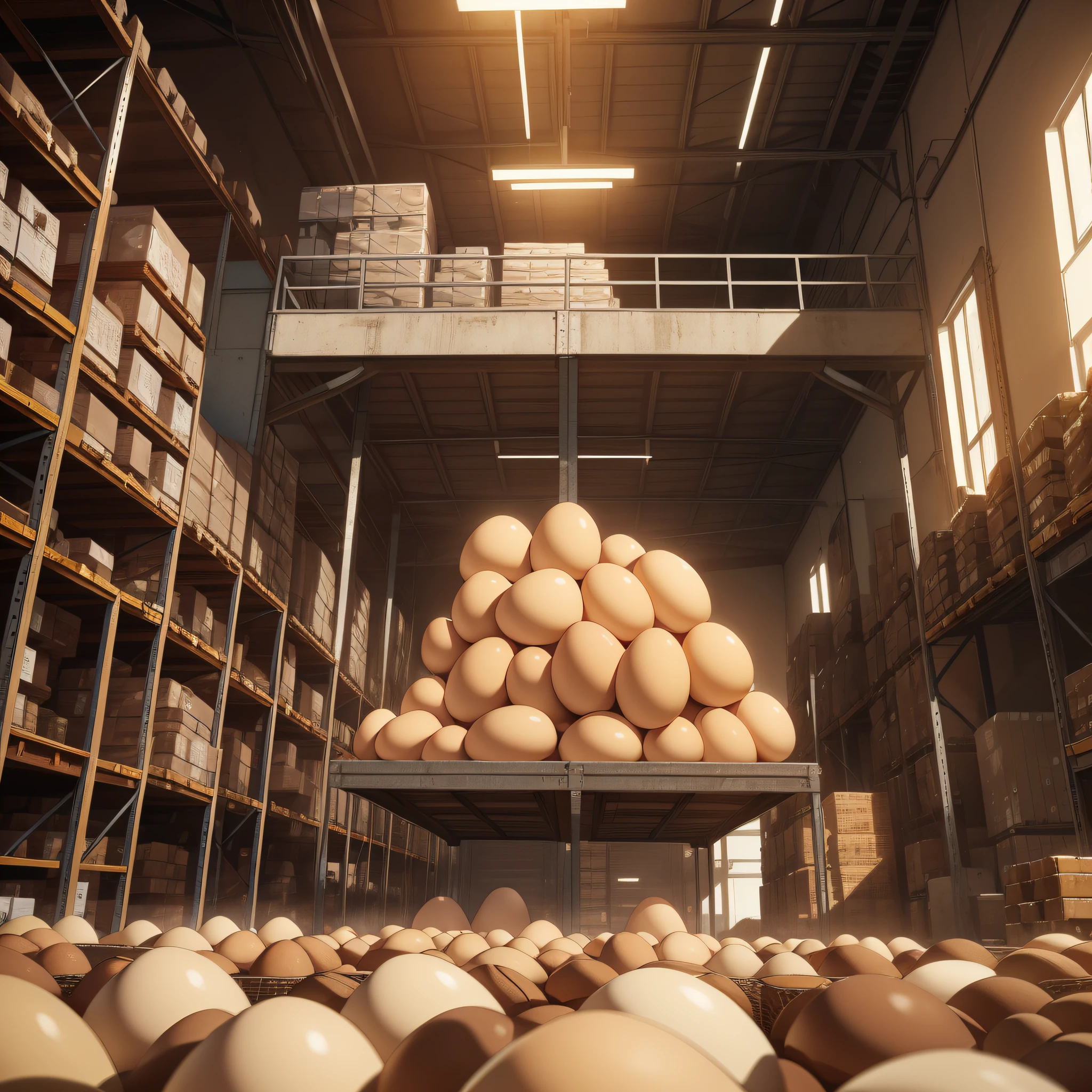 Large warehouse stacked with eggs (heaped with eggs 1.8) (best quality: 1.1) (masterpiece: 1.3) with unparalleled masterpiece, surreal 8K, perfect artwork, super detail, best quality, masterpiece 4K wallpaper aesthetics, masterpiece, award-winning artwork, official art, cinematic lighting