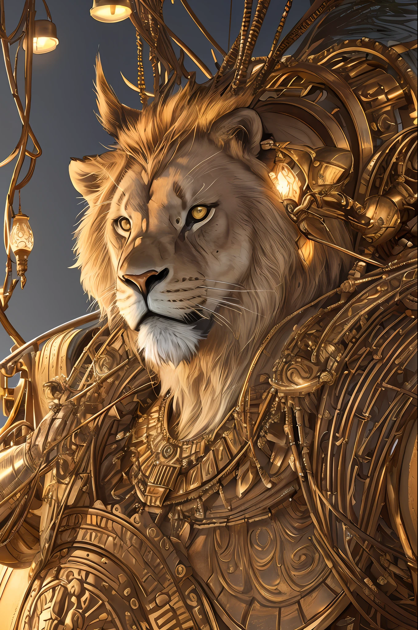 1 lion (((ultra realistic details)), portrait, global lighting, shadows, octane render, 8k, ultra sharp, metal, intricate, detailed ornaments, cool colors, egyptian detail, highly intricate details, realistic light, trend in cgsociety, bright eyes, front camera, neon details, mechanical limbs, blood vessels connected to tubes, mechanical vertebra attaching to the back, mechanical cervial attaching to the neck, sitting, wires and cables connecting to the head