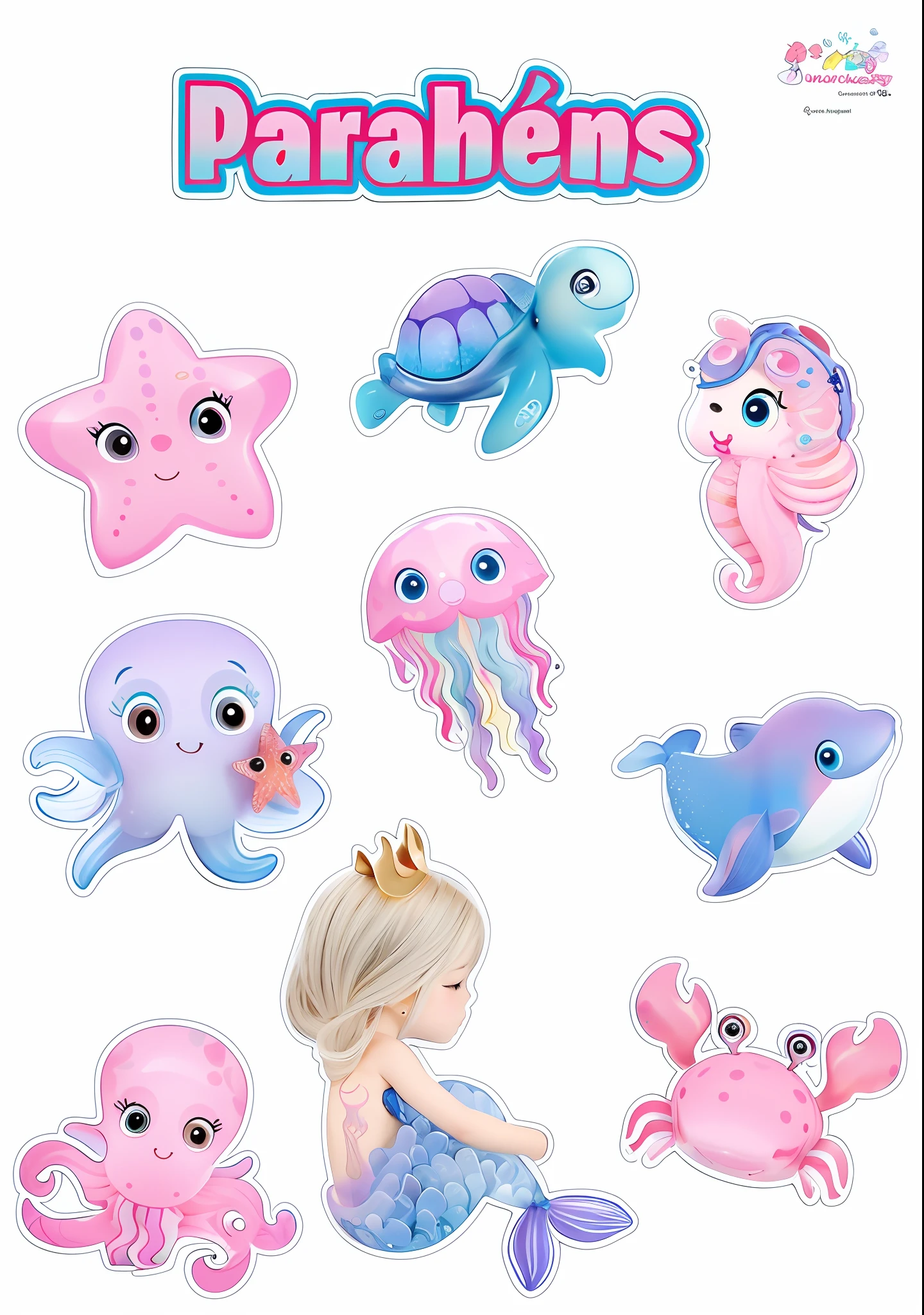 a close up of a cartoon character with different sea creatures, stickers illustrations, sea creatures, cute colorful adorable, fantasy sticker illustration, cutest, sticker illustration, stickers, cute creatures, fish squid and jellyfish, cute characters, marine animal, jellyfish elements, sticker concept design, mermaids, cute artwork, sea like jelly, mermaids and fish, jellyfishes, high quality illustration