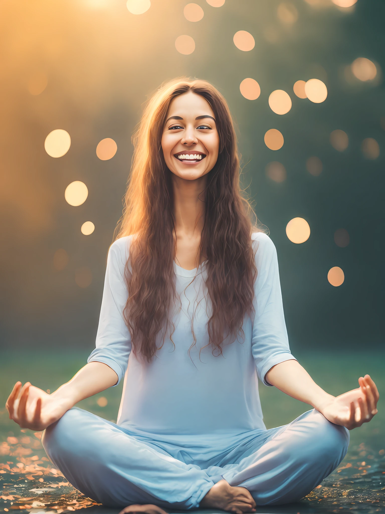 a woman in lotus pose floating above the ground, smiling slightly, blissful, bokeh