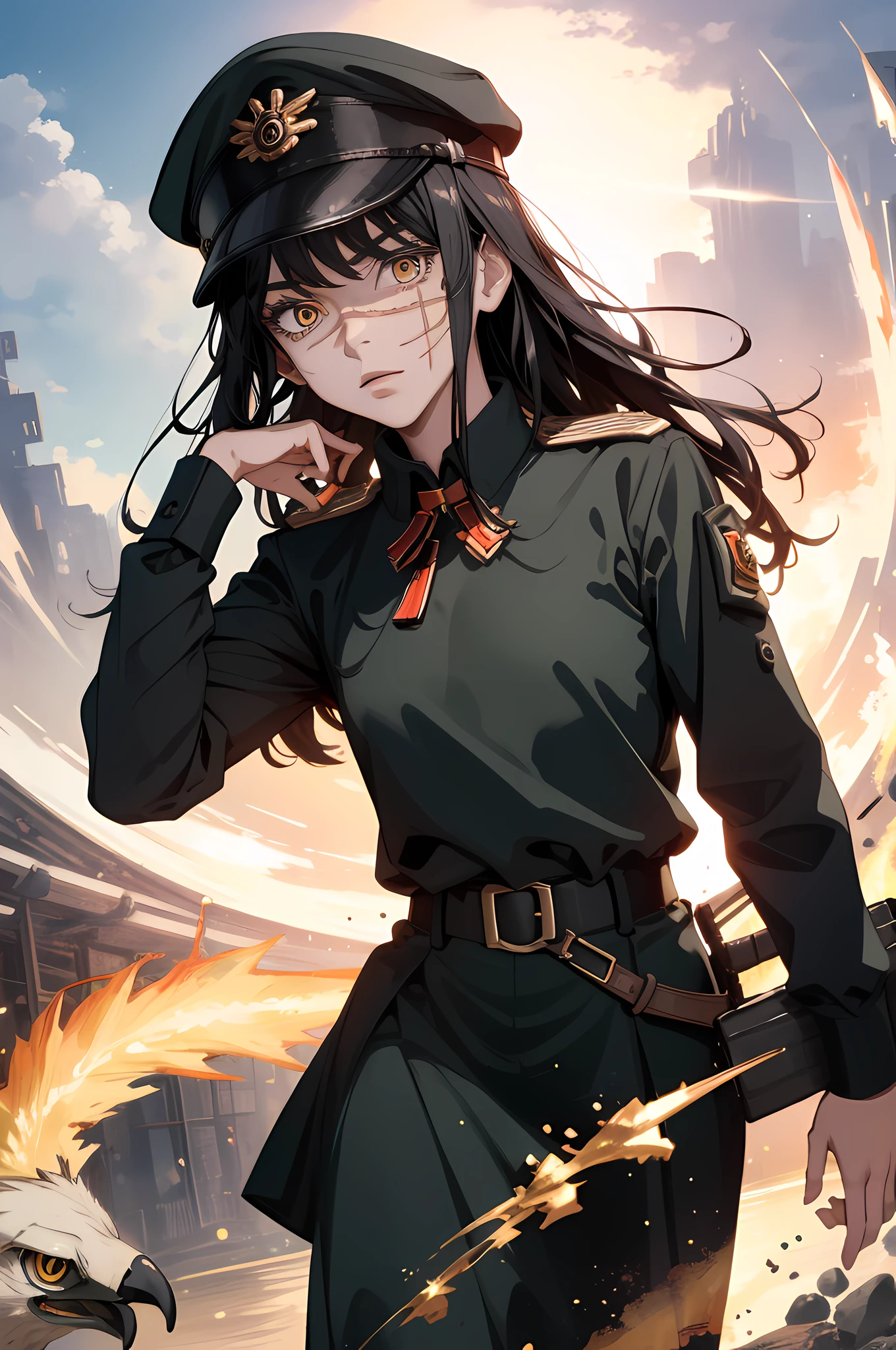 (masterpiece, best quality: 1.2), Solo, 1girl, Yoru \(Chainsaw Man\), expressionless, staring at the viewer, yellow eyes, long hair, full black hair, dress of a German WWII general, red belt, red ribbon on the neck, long sleeves (better quality), scar on the face, beautiful eyes, has only 2 arms, has war medals on his clothes,  Black military cap with a golden eagle, (8K HD), golden shoulder pads, front view