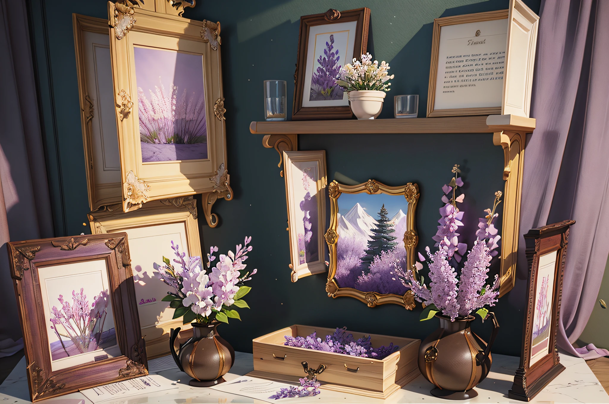 Three photo mockup frames and bouquet of lilac blossoms on the shelf. Clipping path included. 3D render. 3D illustration --auto --s2