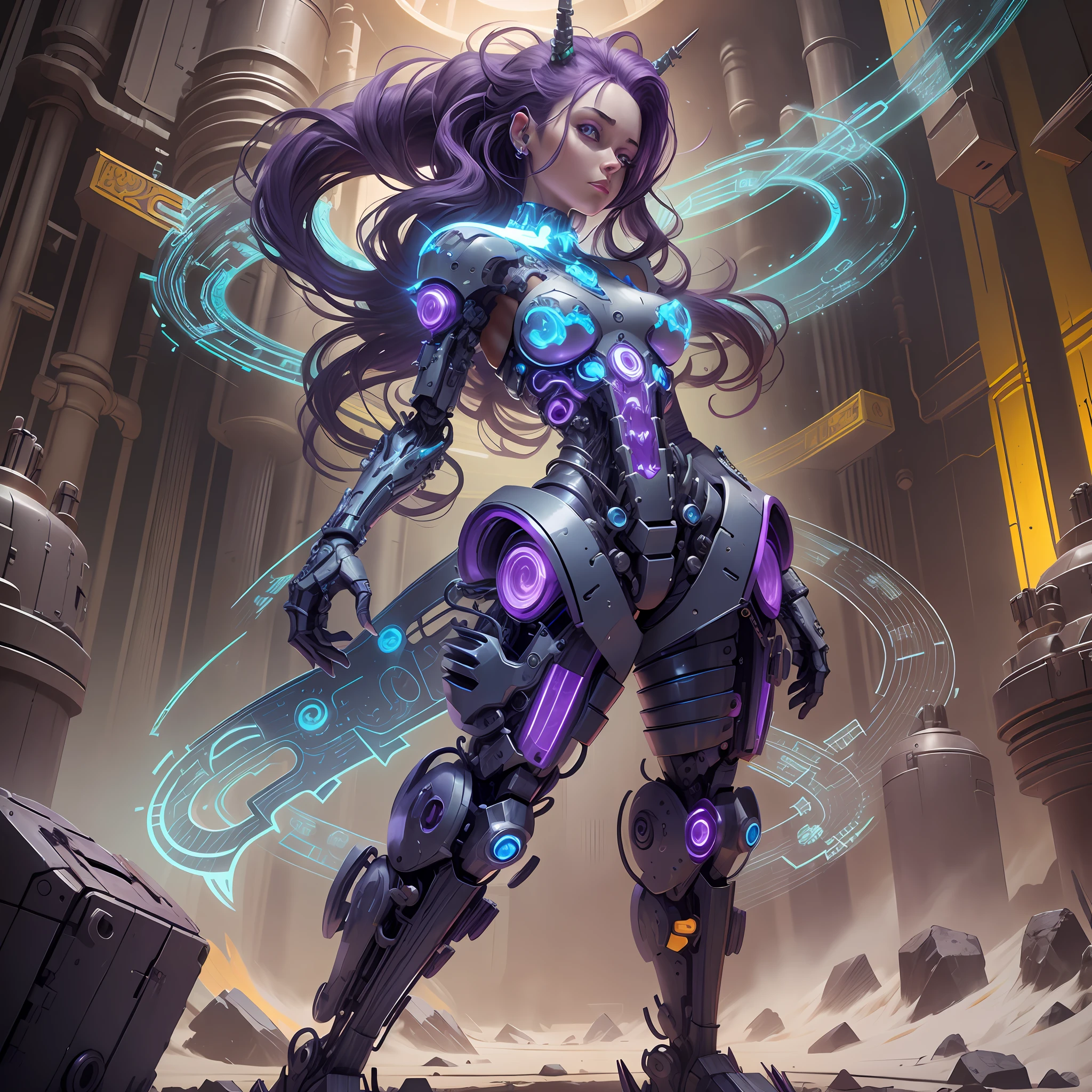 Rarity Cyborg Girl, Rarity of My Little Pony, bio organism, not human, mechanical parts, Curled hair, lush hair, long hair, bionic body parts, missing skin, completely cyborg, cybernetic organism, mnhpnic arms, mechanical legs, red glowing eye, full growth, full body, very detailed, ultra 8k quality, broken parts, holes in mechanisms, not a living organism, Runes and blue magic, Lots of purple and white, purple lights, rhinestones and diamonds, amethyst earrings, lots of magic