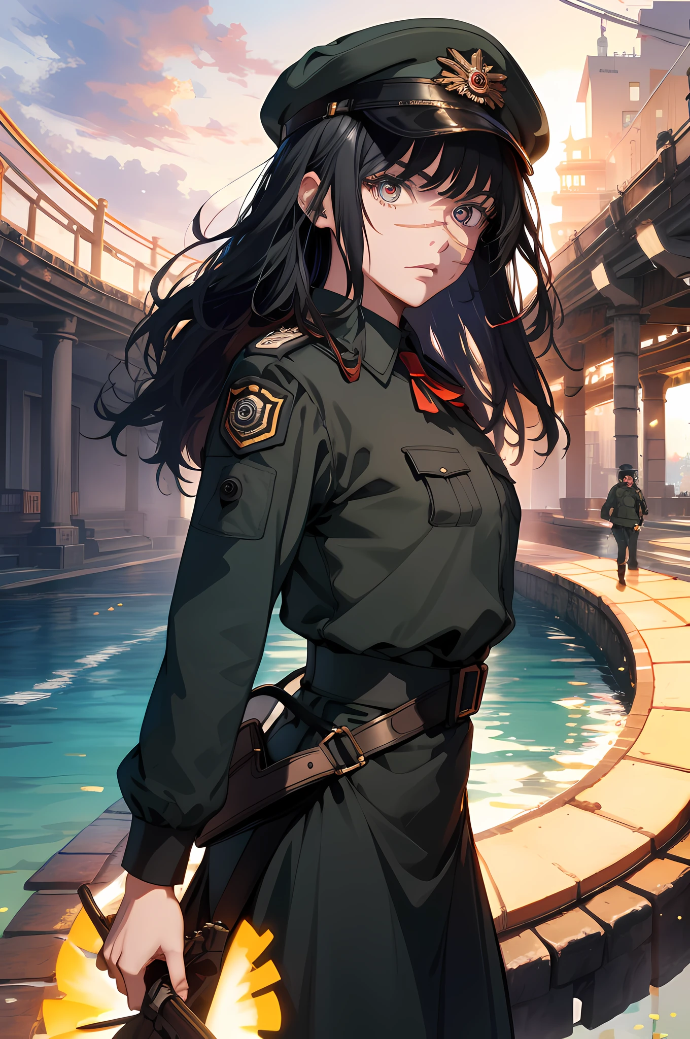 (masterpiece, best quality: 1.2), Solo, 1girl, Yoru \(Chainsaw Man\), expressionless, staring at the viewer, yellow eyes, long hair, full black hair, dress of a German WWII general, red belt, red ribbon on the neck, long sleeves (better quality), scar on the face, beautiful eyes, has only 2 arms, has war medals on his clothes, Black military cap with a golden eagle, (8K HD), golden shoulder pads, front view