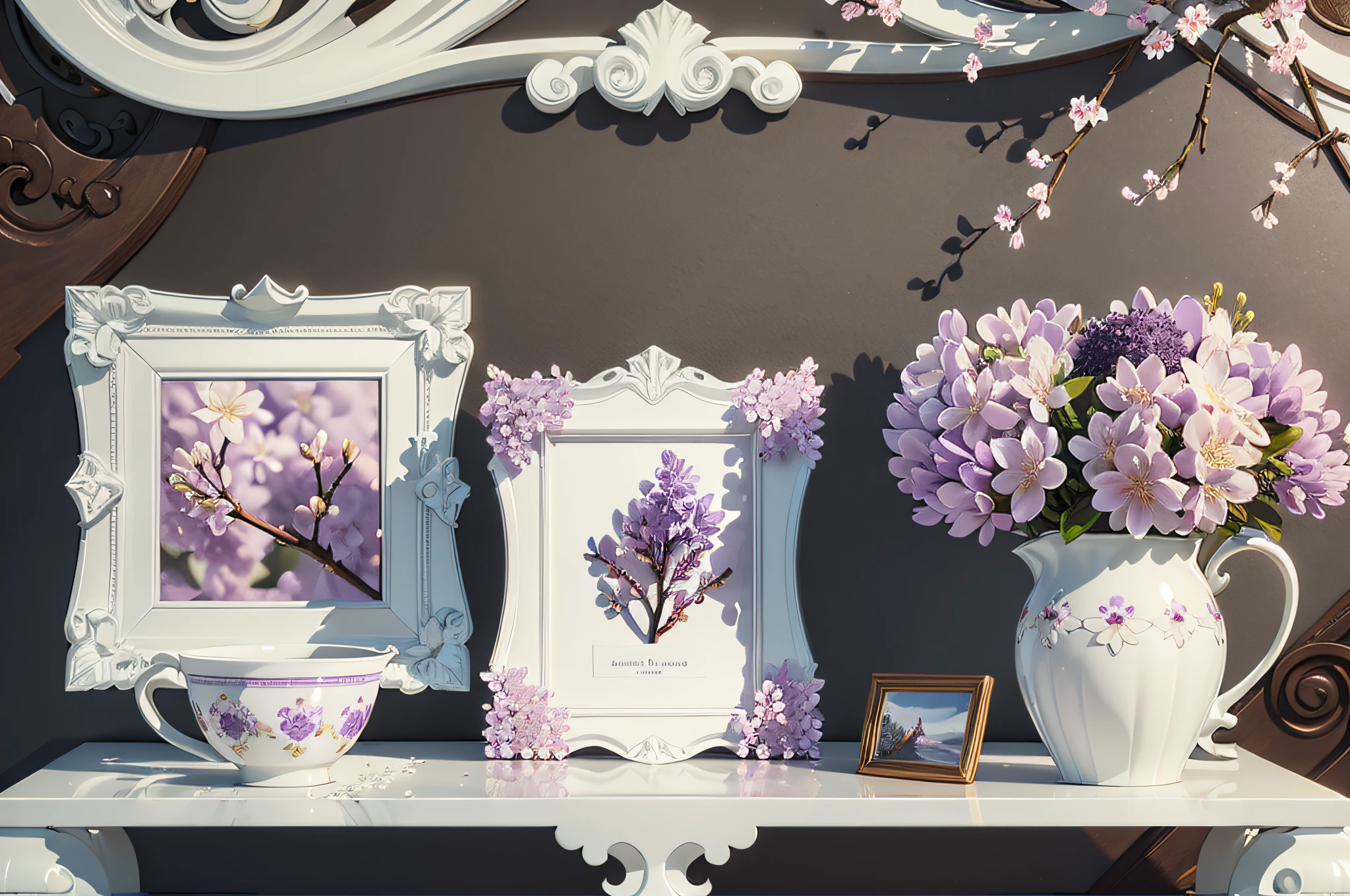 Three photo mockup frames and bouquet of lilac blossoms on the shelf. Clipping path included. 3D render. 3D illustration --auto --s2