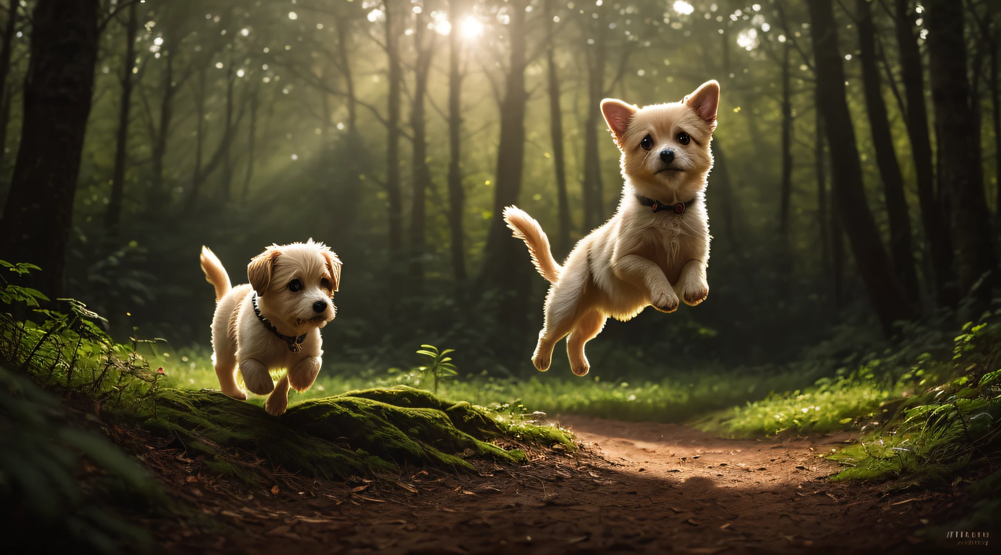 close up photo of a very cute jumping puppy in the forest, look at a camera, soft volumetric lights, (backlit:1.3), (cinematic:1.2), intricate details, (ArtStation:1.3), Rutkowski