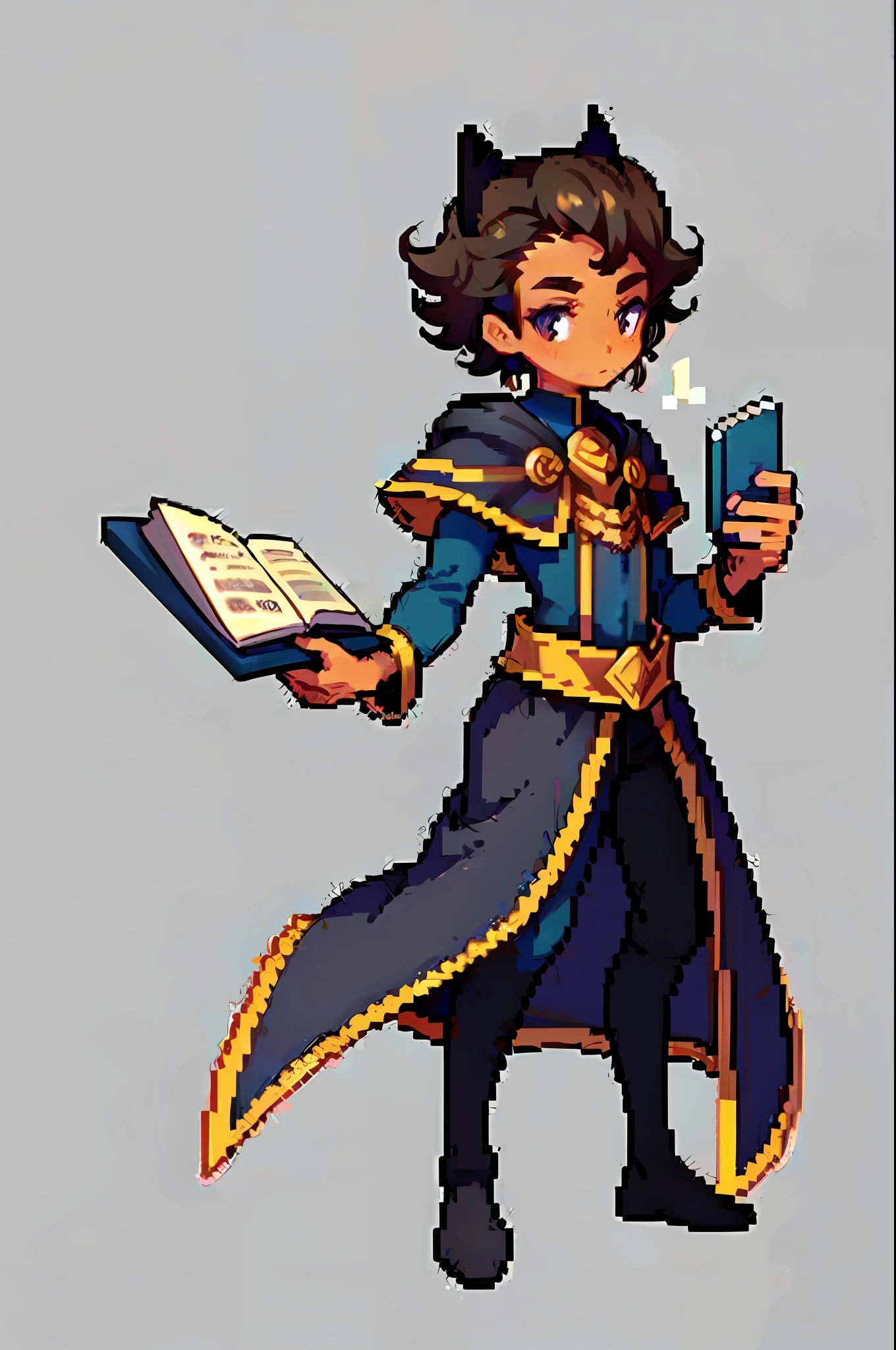 (masterpiece, top quality, best quality), pixel, pixel art, 1 boy, full body, curly brown hair, cat ears, black man, young black boy, medieval clothes, dnd rpg, holding a book, african, grey background, grey background, neutral background,
