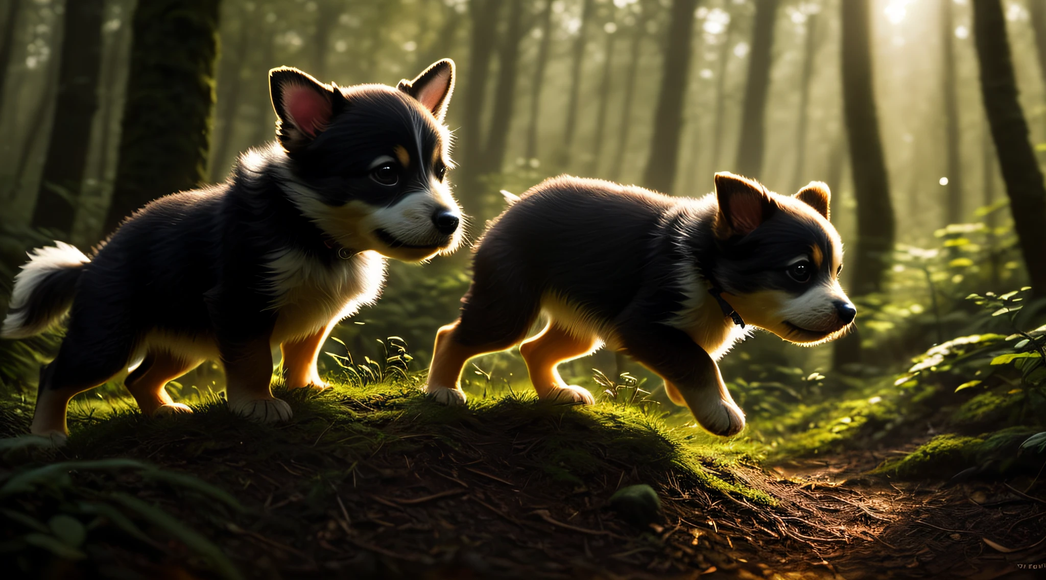 close up photo of a very cute jumping puppy in the forest, look at a camera, soft volumetric lights, (backlit:1.3), (cinematic:1.2), intricate details, (ArtStation:1.3), Rutkowski